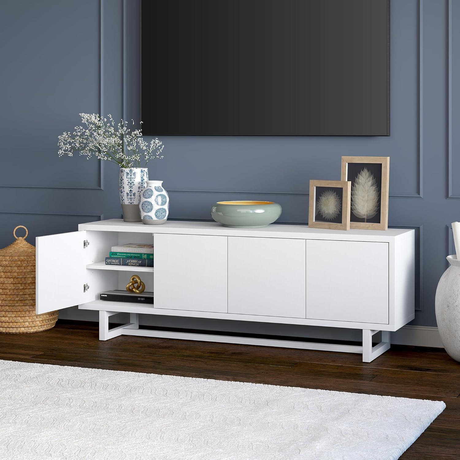 White Modern Rectangular TV Stand with Cabinets, 68"