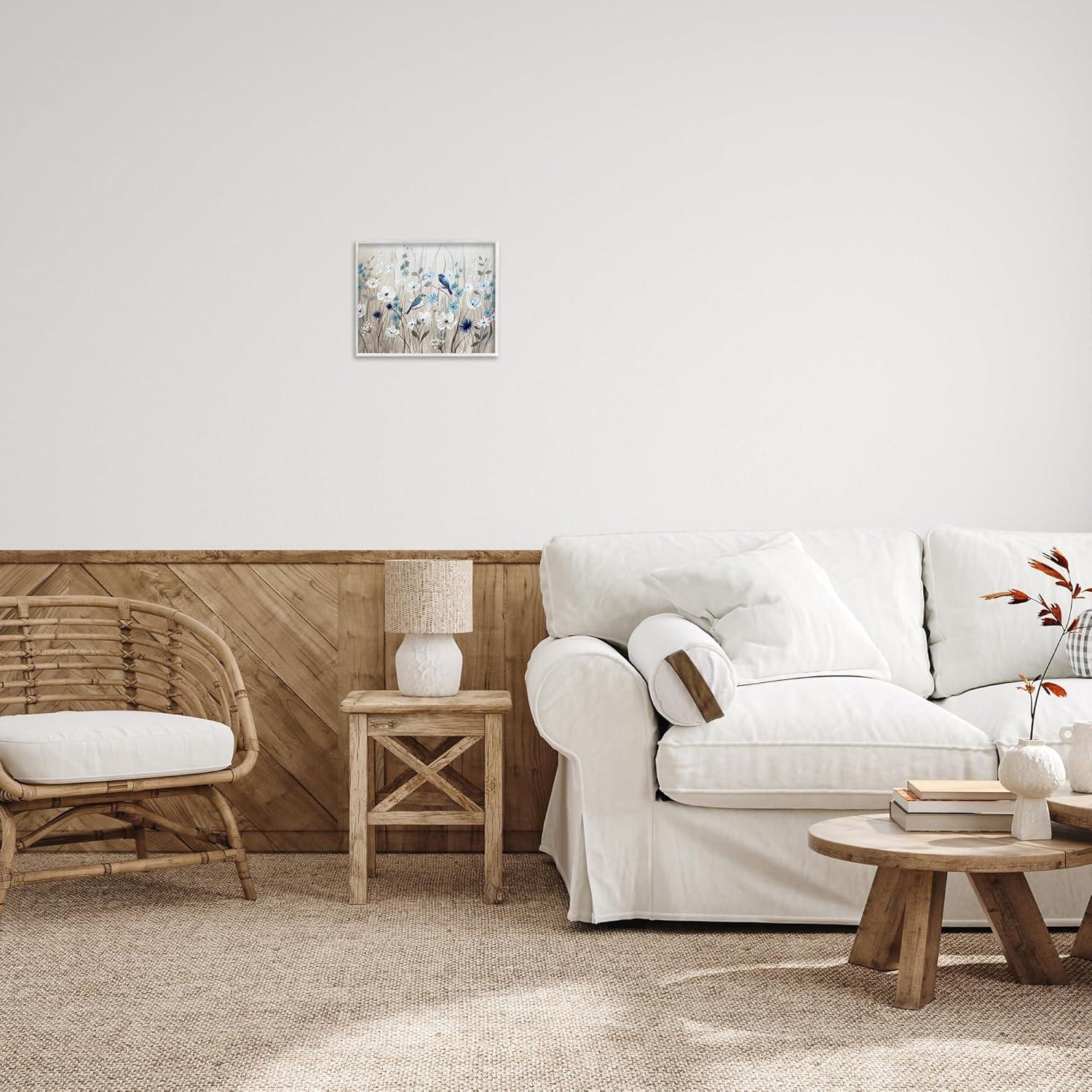 Stupell Birds in Meadow Blue Blossoms White Framed Giclee, 11 x 14