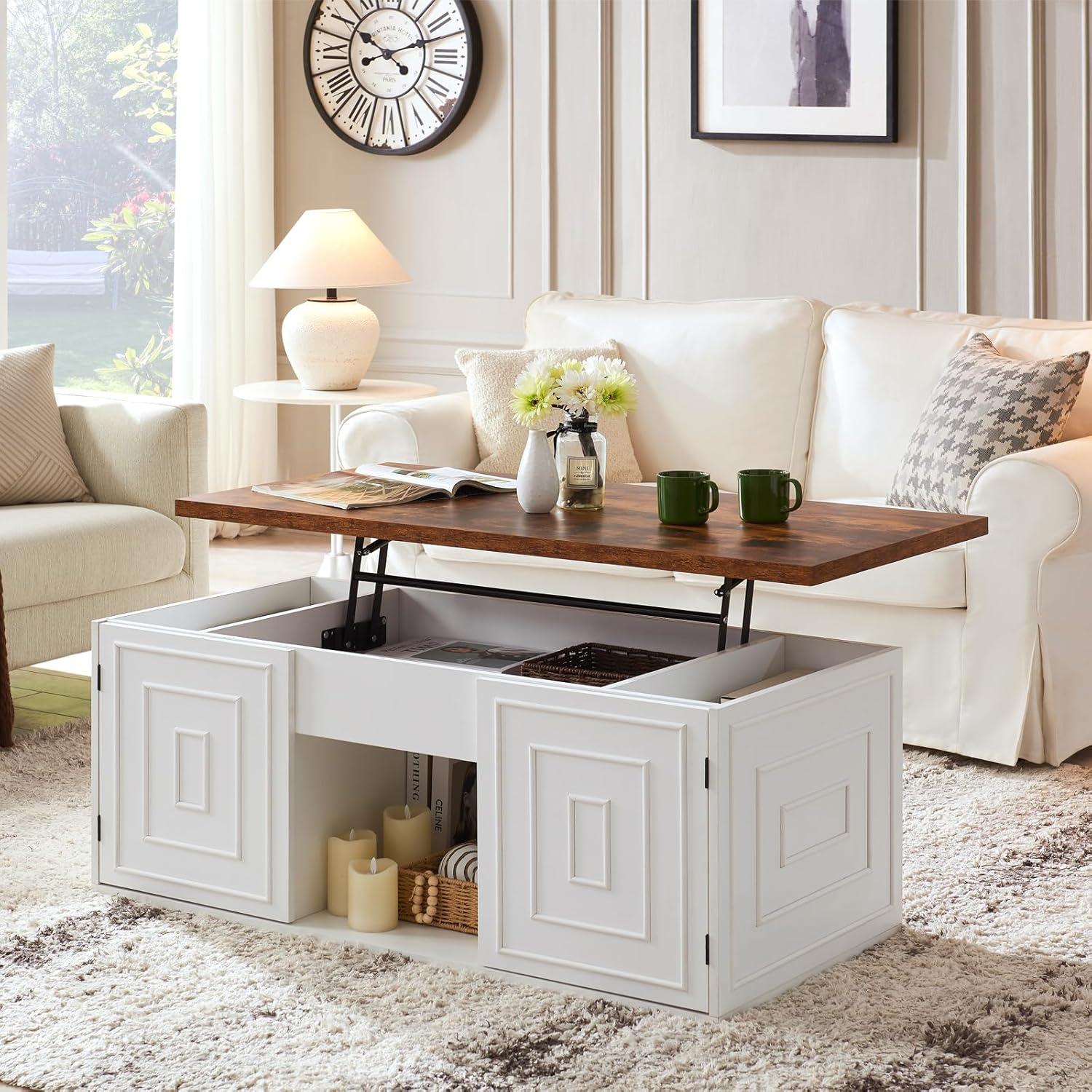 47.3" Lift Top Coffee Table, Farmhouse Coffee Table for Living Room, White Lift Top Coffee Table with Large Hidden Storage Compartment and Sliding Barn Doors, White