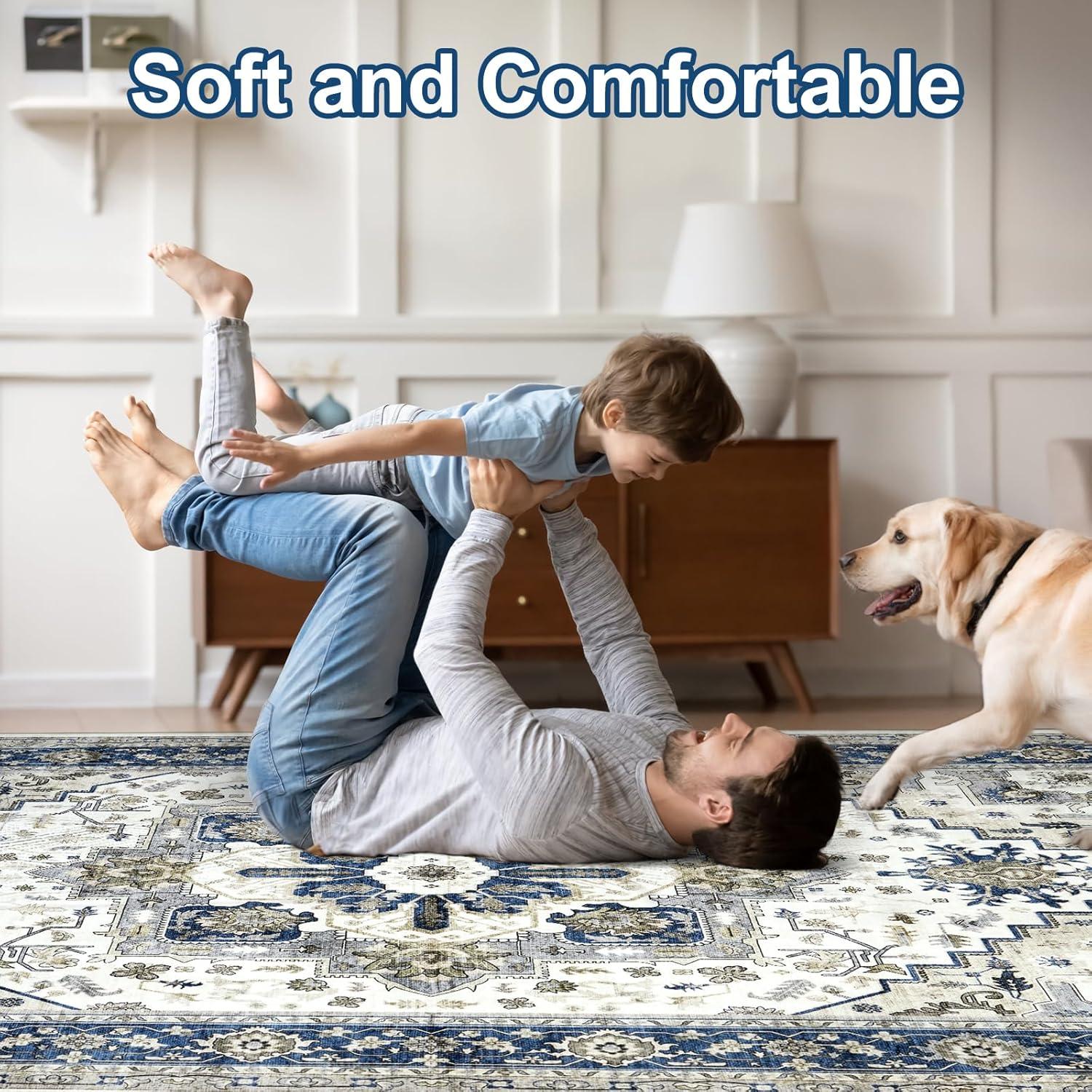 GlowSol 8x10 Floral Area Rug for Living Room Bedroom Retro Distressed Area Rug Traditional Medallion Non-Slip Low Pile Carpet Floor Decoration, Blue