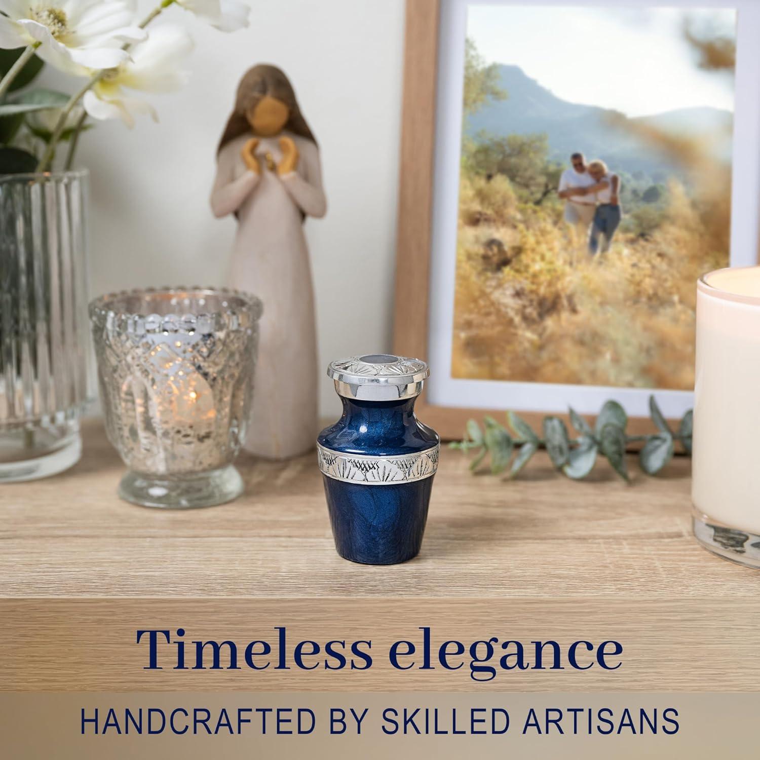 FOVERE – Mini Keepsake Urn for Human Ashes - Small Blue Cremation Urns with Elegant Silver Engraving – Holds a Small Portion of Ashes – 100% Handcrafted Decorative Urns for Human Ashes – Navy Blue