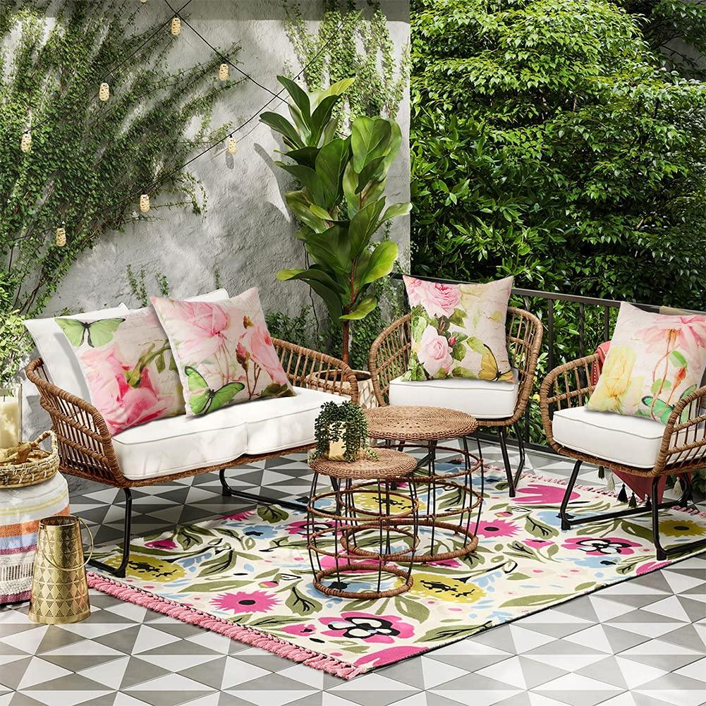 Artscope Set of 4 Waterproof Throw Pillow Covers 18x18 Inches, Pink Roses and Butterfly Pattern Decorative Cushion Covers, Perfect to Outdoor Patio Garden Living Room Sofa Farmhouse Decor