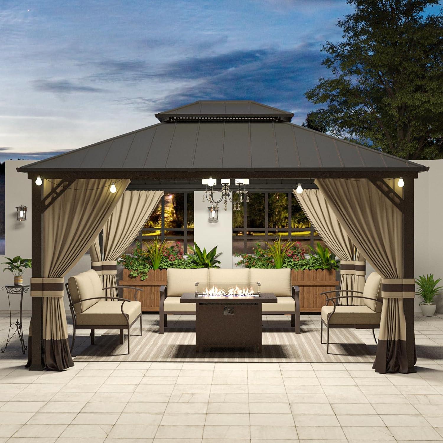 10 ft. x 12 ft. Brown Hardtop Wall Mounted Gazebo with Sloping Pitched Roof and Curtain Sand