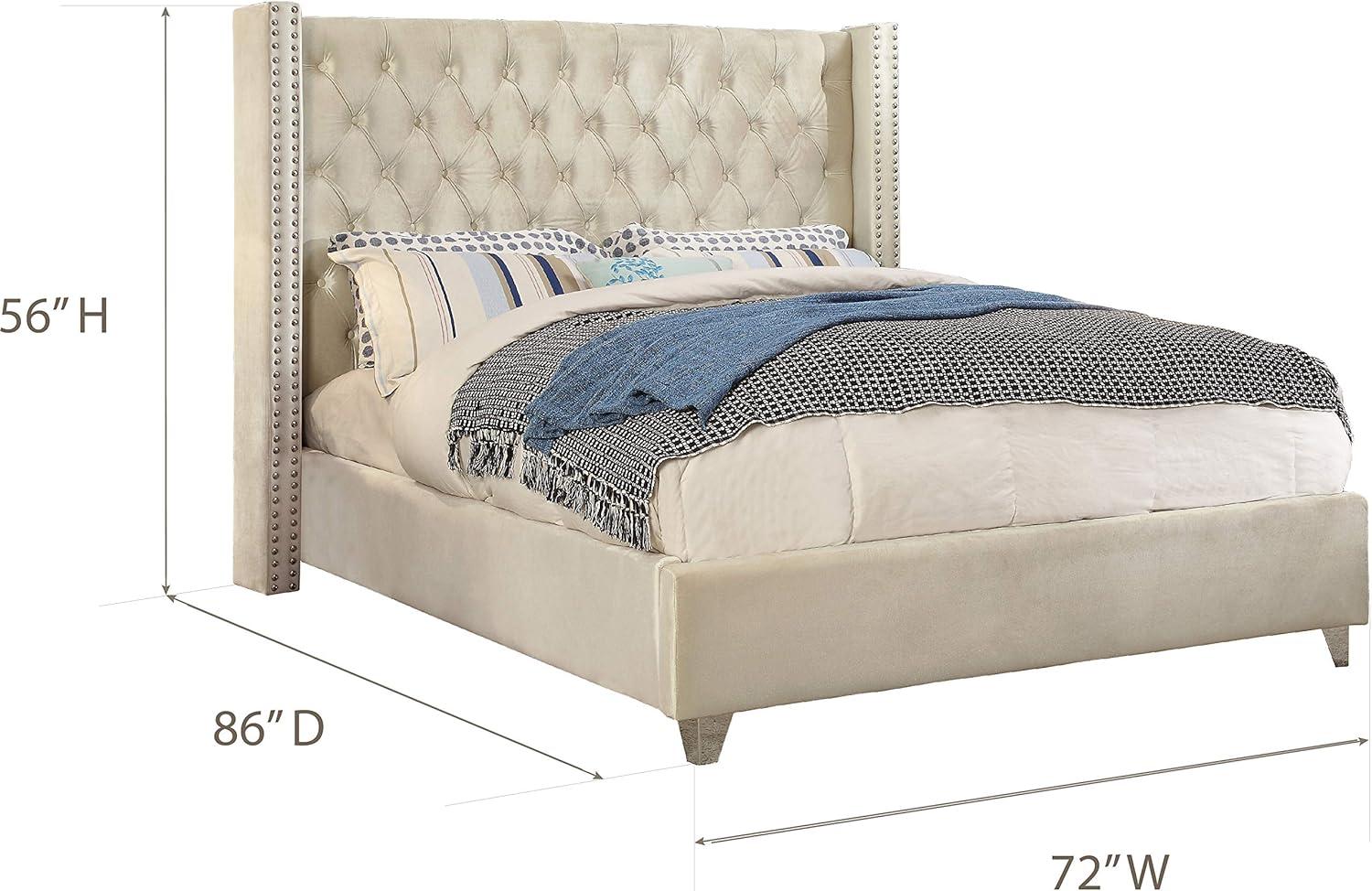 Meridian Furniture Aiden Queen Bed - Cream Velvet, Contemporary