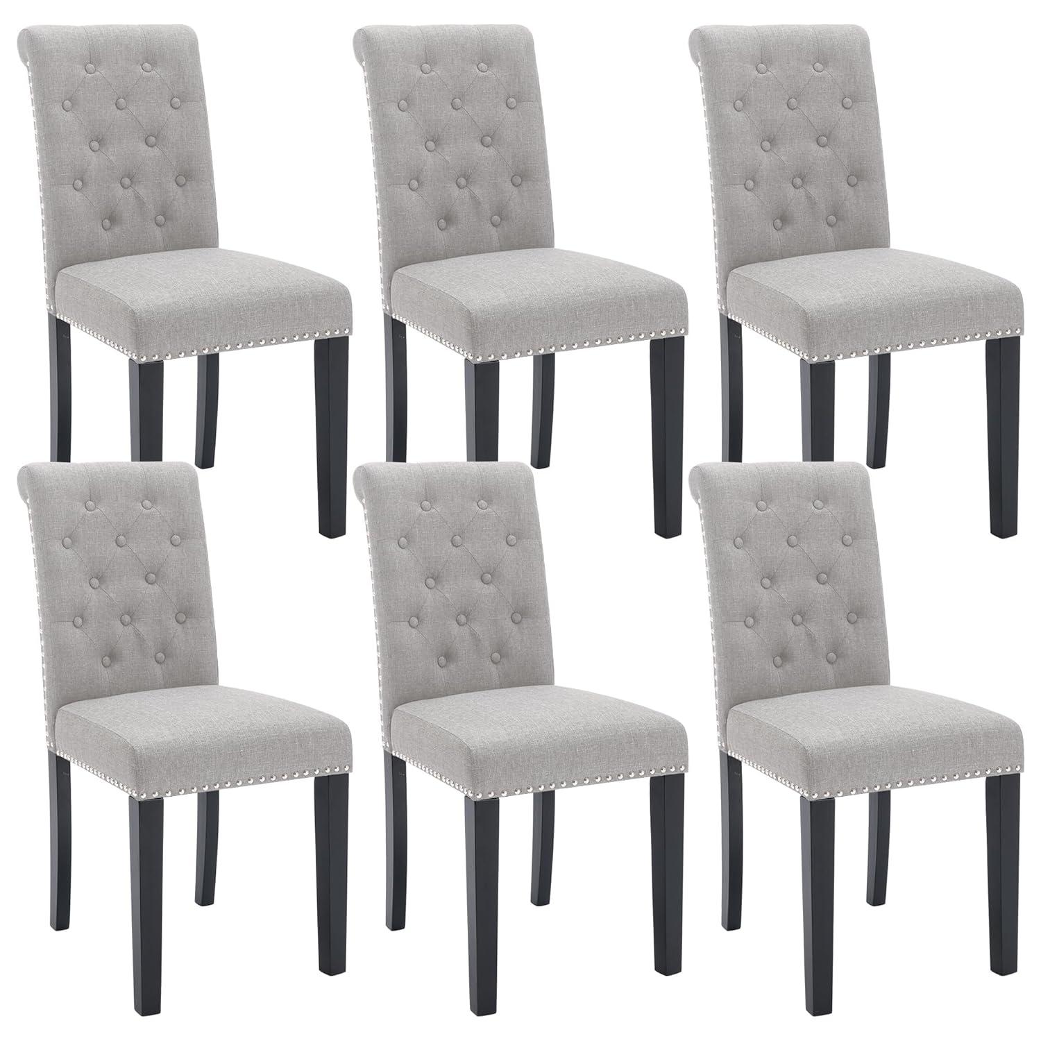 Westice Dining Room Chairs Set of 6 Upholstered Fabric Kitchen Chairs Dining Room Side Chair with Nailhead Trim and Rubber Wood Legs for Small Space Apartment, Light Gray