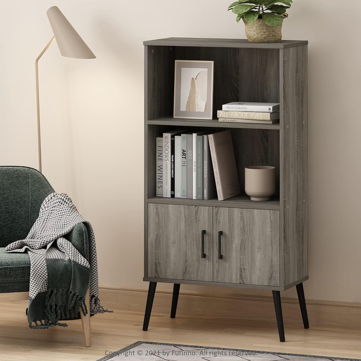 Furinno Claude Mid Century Style Accent Cabinet with Wood Legs, French Oak Grey