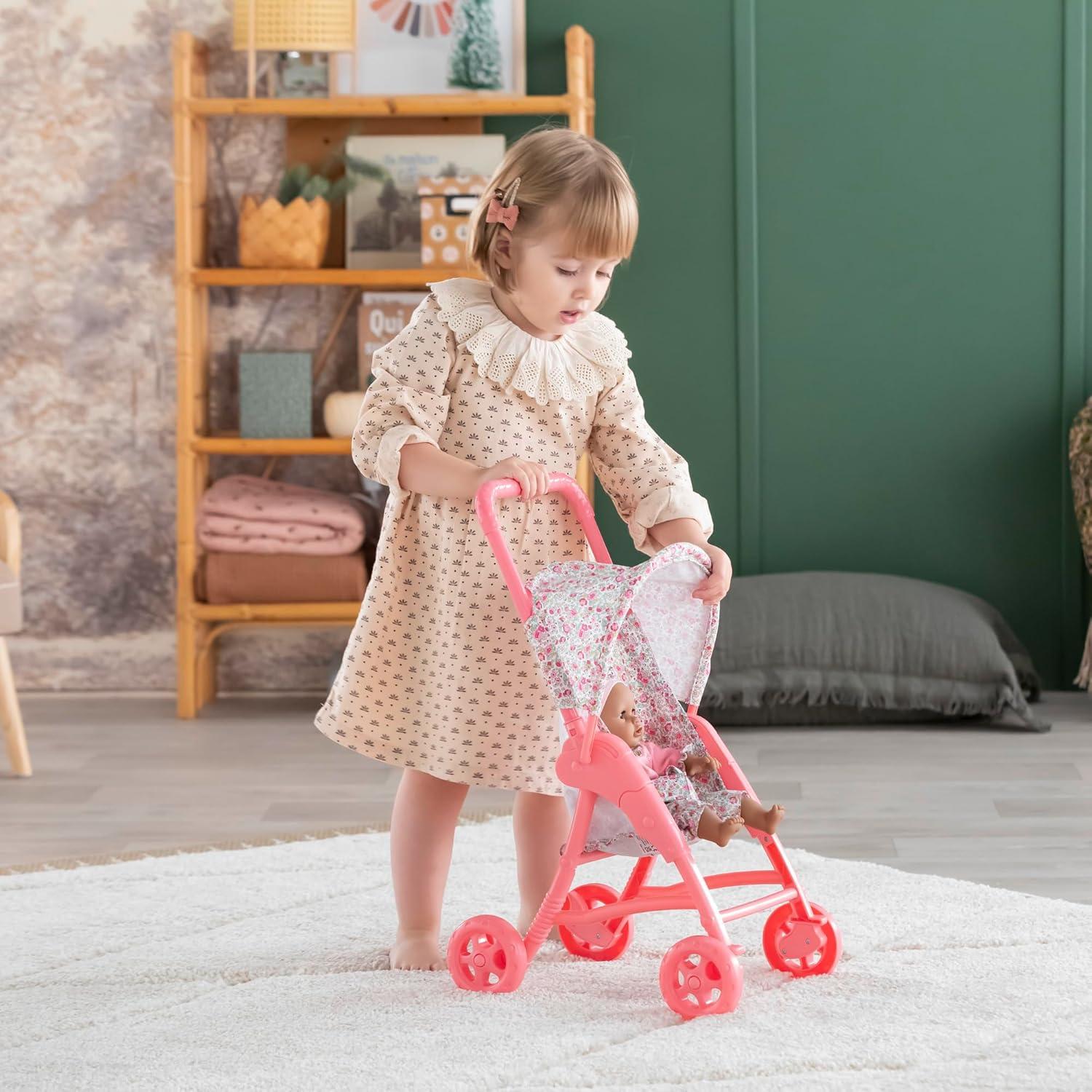 Corolle Baby Doll Stroller with Folding Canopy - Mon Premier Poupon Accessory Fits 12" Dolls, Pink/Floral Pattern, for Kids Ages 18 Months and up