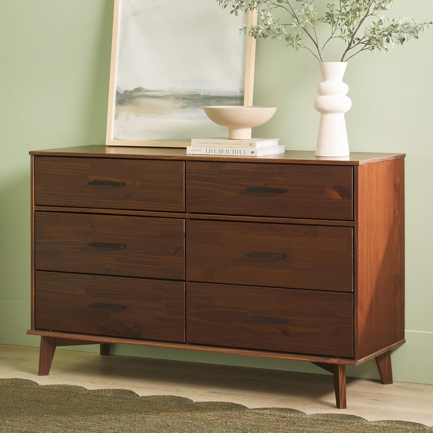 Walnut Solid Pine Wood 6-Drawer Dresser with Metal Handles