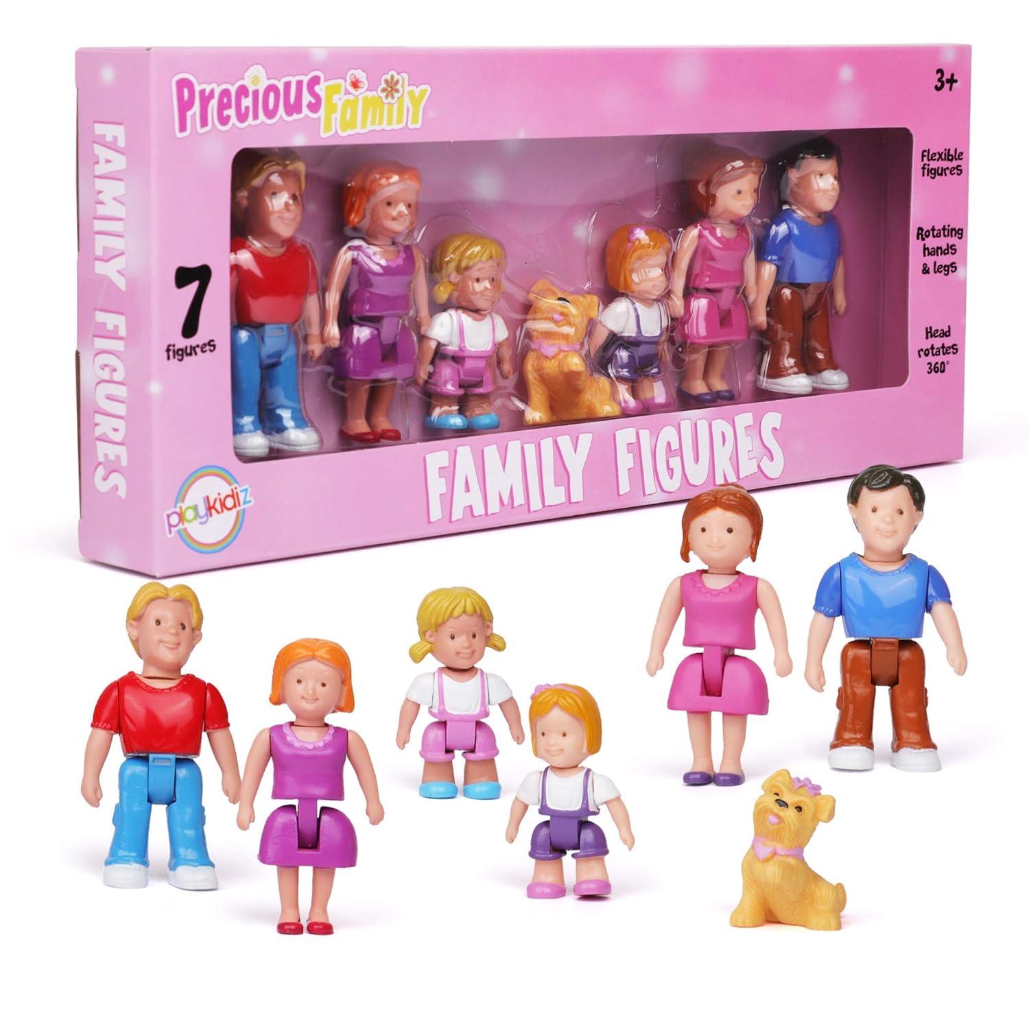 Playkidz Family Figures - Set of 7 Small Toy People, Dollhouse Accessories