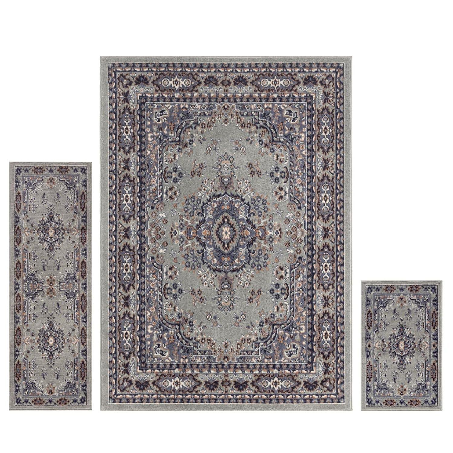 Home Dynamix Ariana Ksara Traditional Medallion Border Area Rug, Grey/Blue, 3-Piece Set
