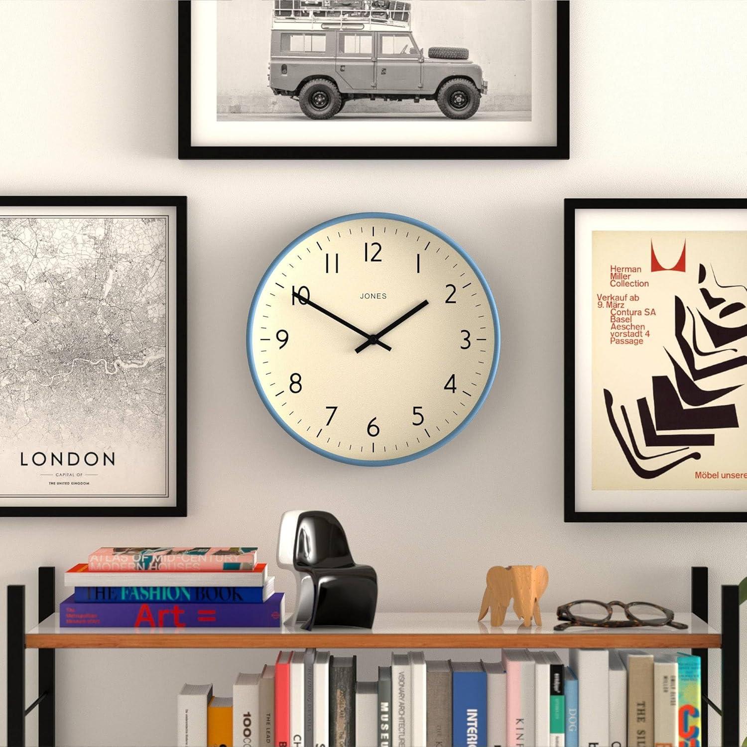 JONES CLOCKS® Studio Wall Clock | Modern Round Clock | 12 inch | Mid Blue | Easy to Read Numbers | Versatile Design for Kitchen, Living Room or Office