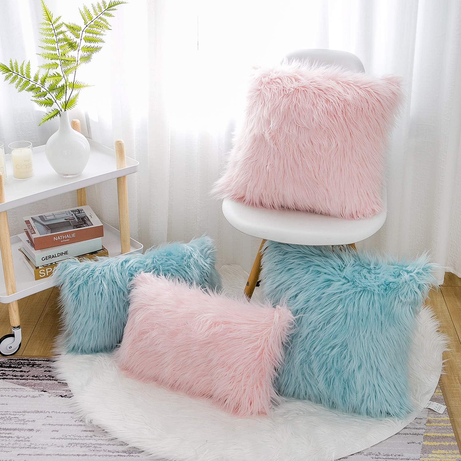 Set of 2 Fluffy Pillow Covers New Luxury Series Merino Style Blush Faux Fur Decorative Throw Pillow Covers Square Fuzzy Cushion Case 18x18 Inch