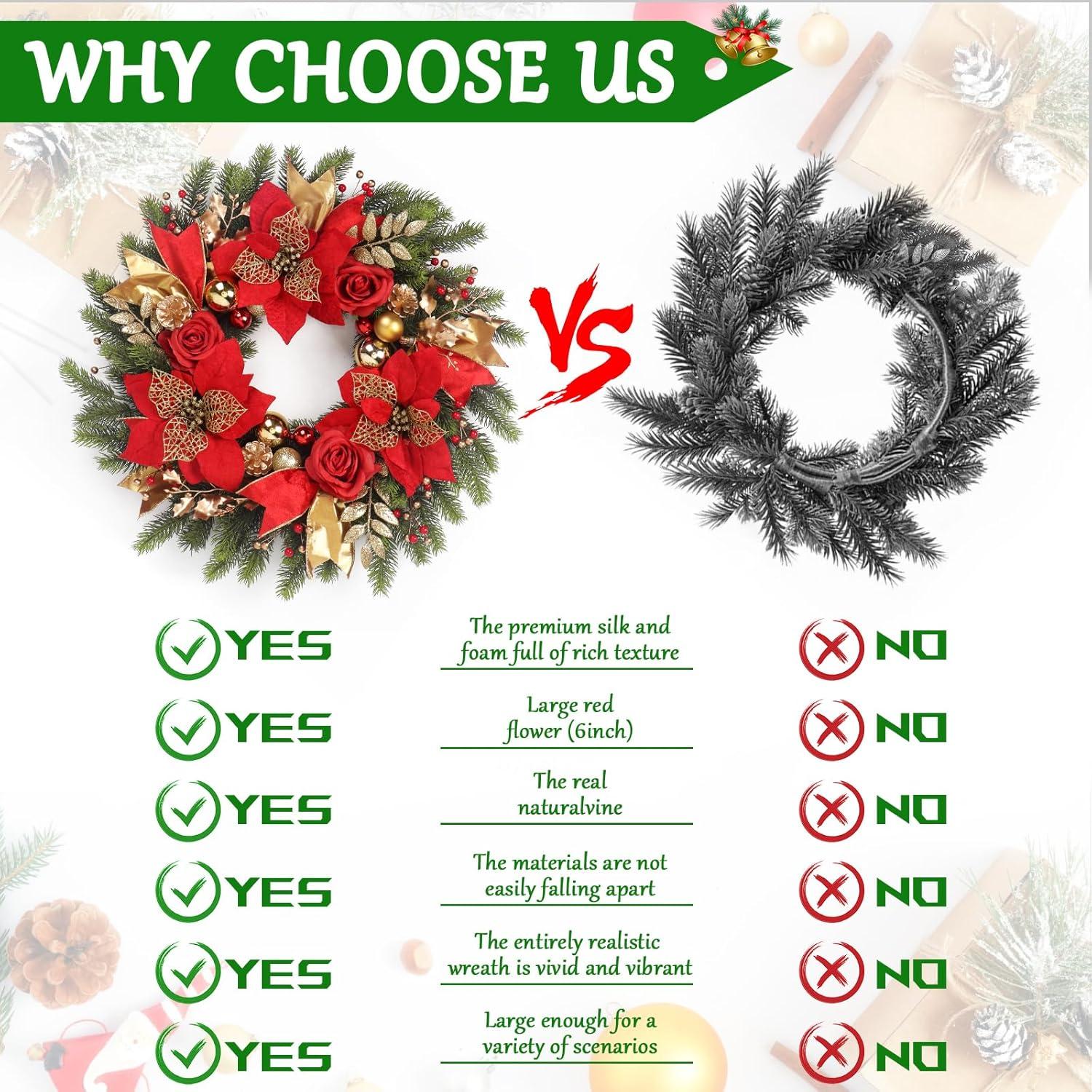 Wreaths for Front Door,Winter Wreaths for Indoor and Outdoor Decorations,Door Wreath with Red Flowers and Golden Ball,Pine Cones,Leaves,Ribbons,Berries for Decor