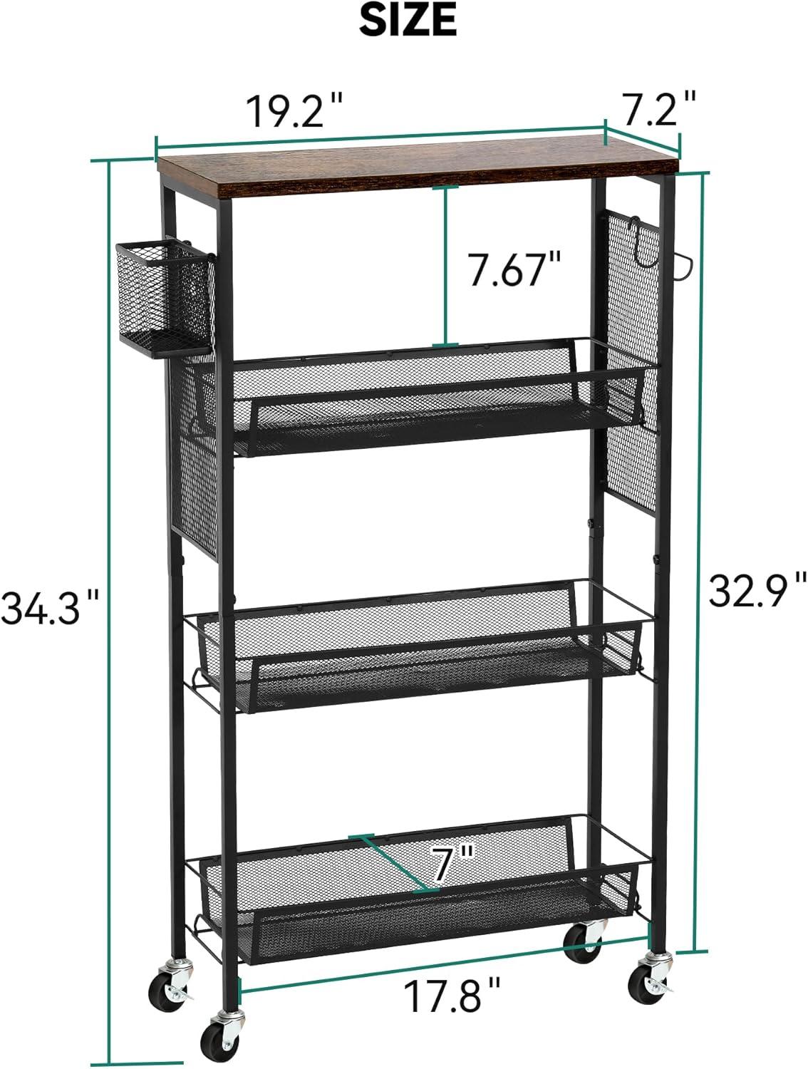 DWVO 4-Tier Slim Rolling Cart on Wheels, 34" Wooden Tabletop Kitchen Storage Organizer Cart with Wire Mesh Baskets, Slide-Out Storage Cart for Kitchen, Bathroom Living Room (White)
