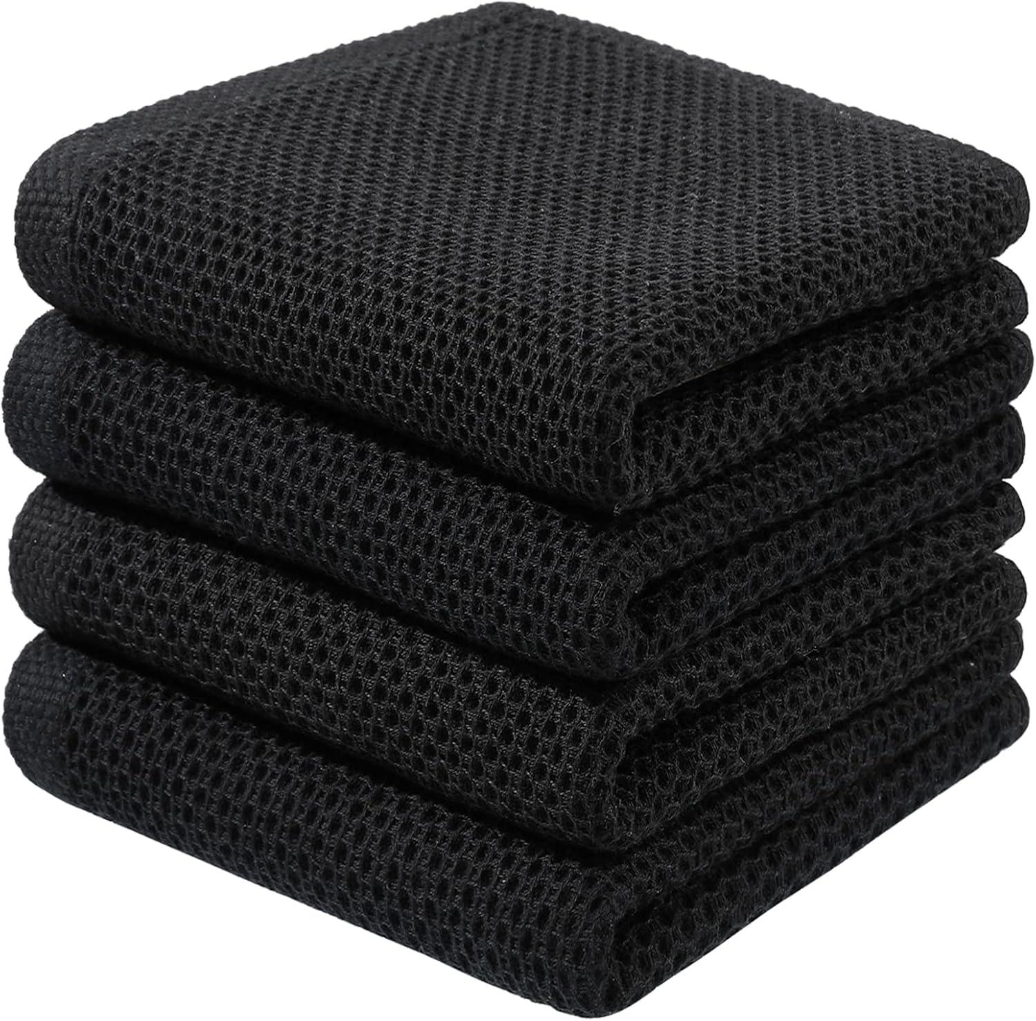 Black Cotton Waffle Weave Kitchen Dish Towels, 13x28 Inches, 4-Pack