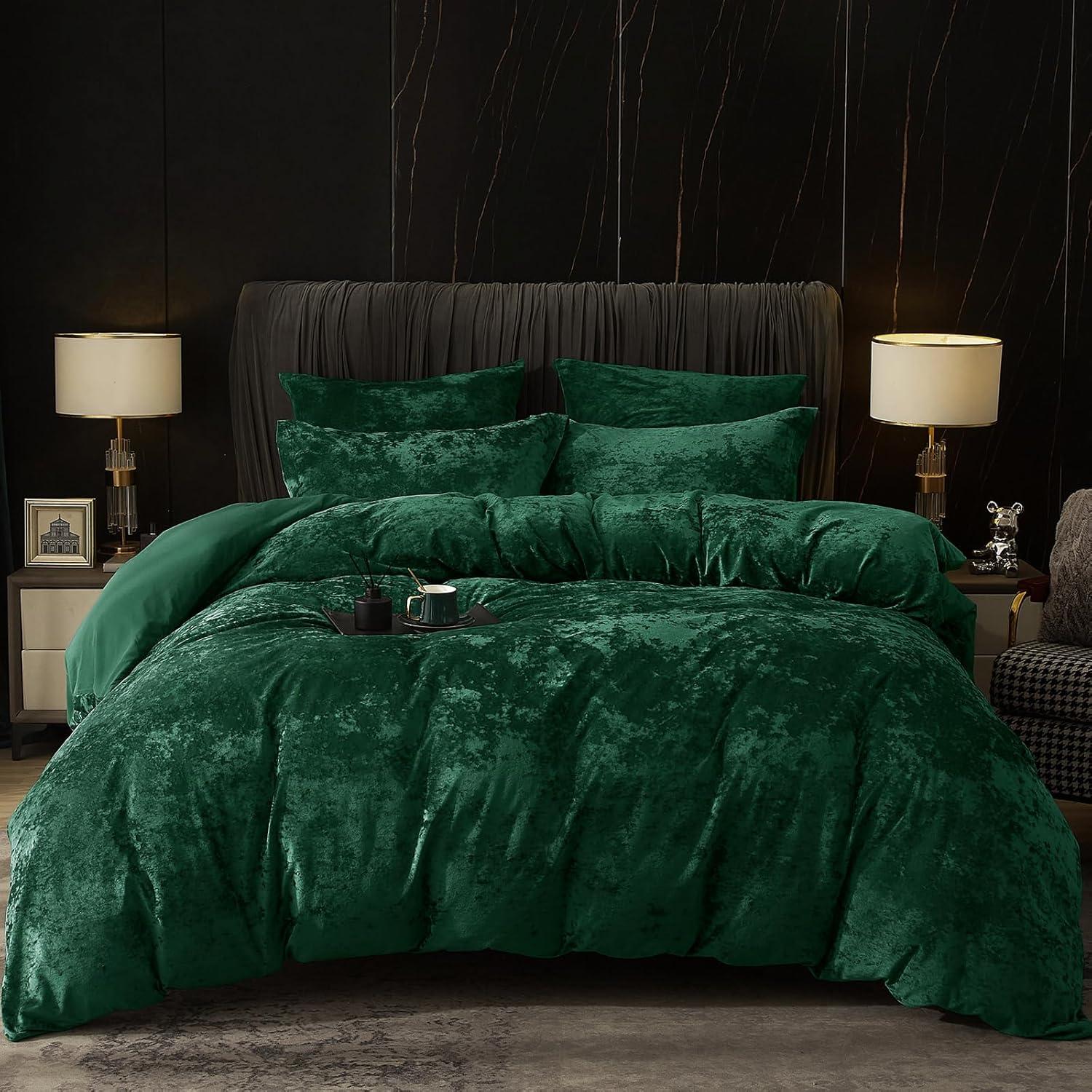 Soft Breathable Velvet Duvet Cover Set Emerald Green - Queen