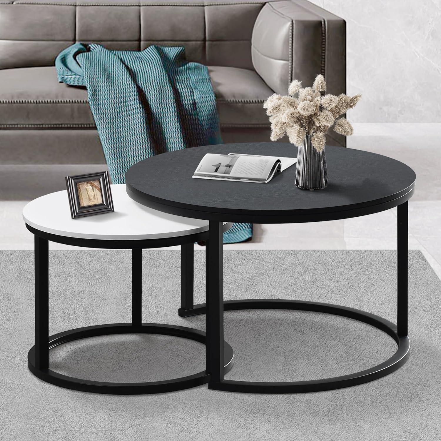 DEXTRUS Round Nesting Coffee Table Set of 2, Snack End Table with Metal Frame for Living Room, White & Black