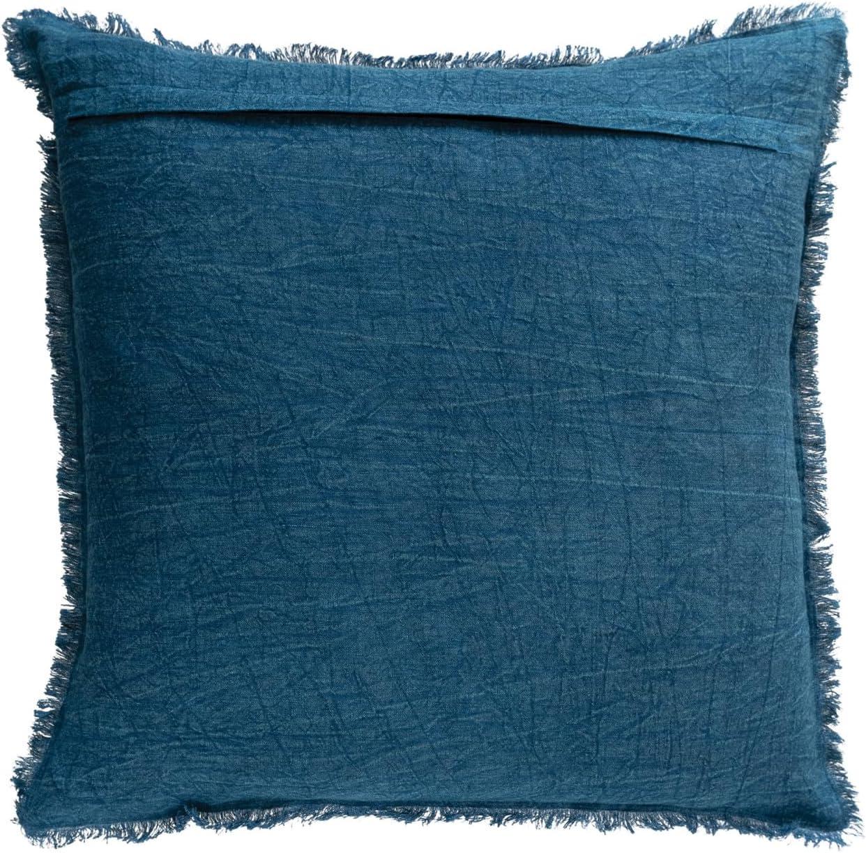 Navy Blue Stonewashed Linen Fringe Square Pillow 20"