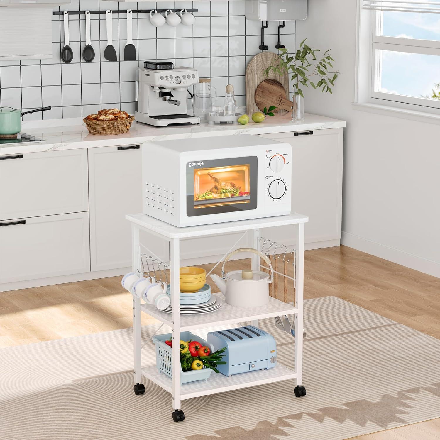 Mr IRONSTONE 3-Tier Kitchen Bakers Rack Utility Microwave Oven Stand Storage Cart Workstation Shelf(Light Beige Top+White Metal Frame)