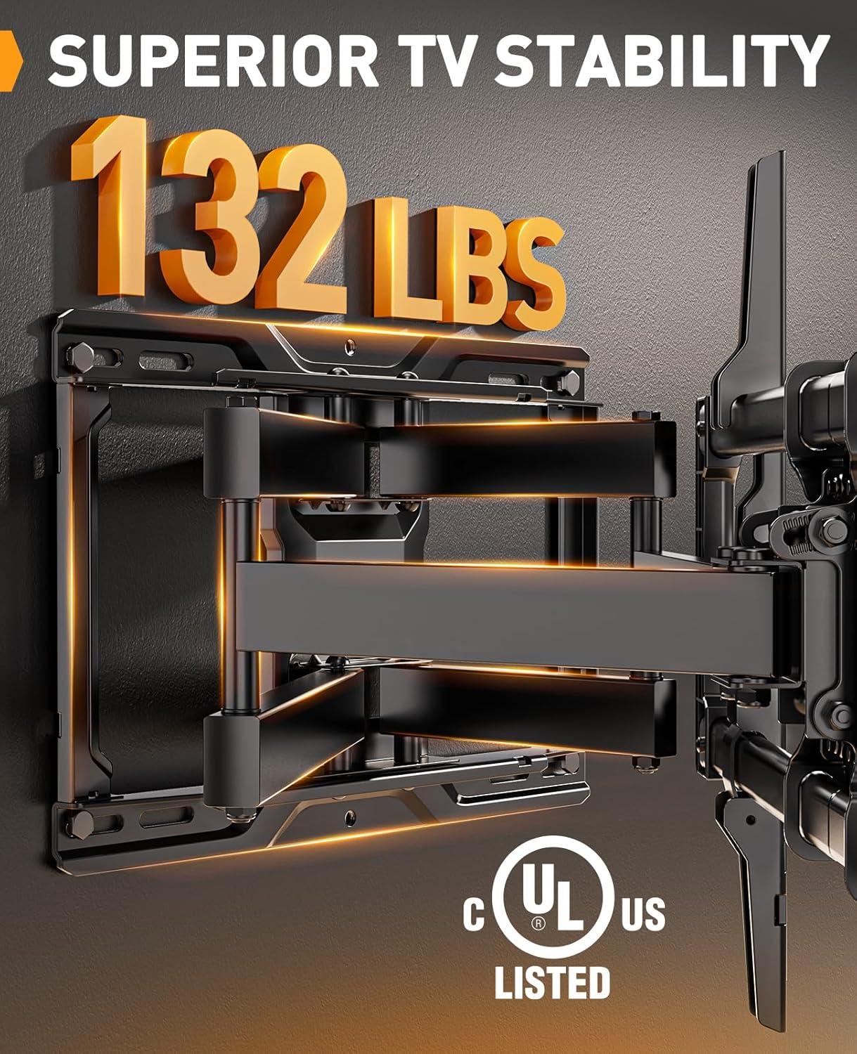 BEACHWATER POOL & SPA, LLC Full Motion TV Wall Mount For Most 42–84 Inch Flat Curved Tvs Up To 132 Lbs, 12?/16? Wood Studs, Bracket With Articulating Arms, Swivel, Tool-Free Tilt, Max VESA 600X400mm