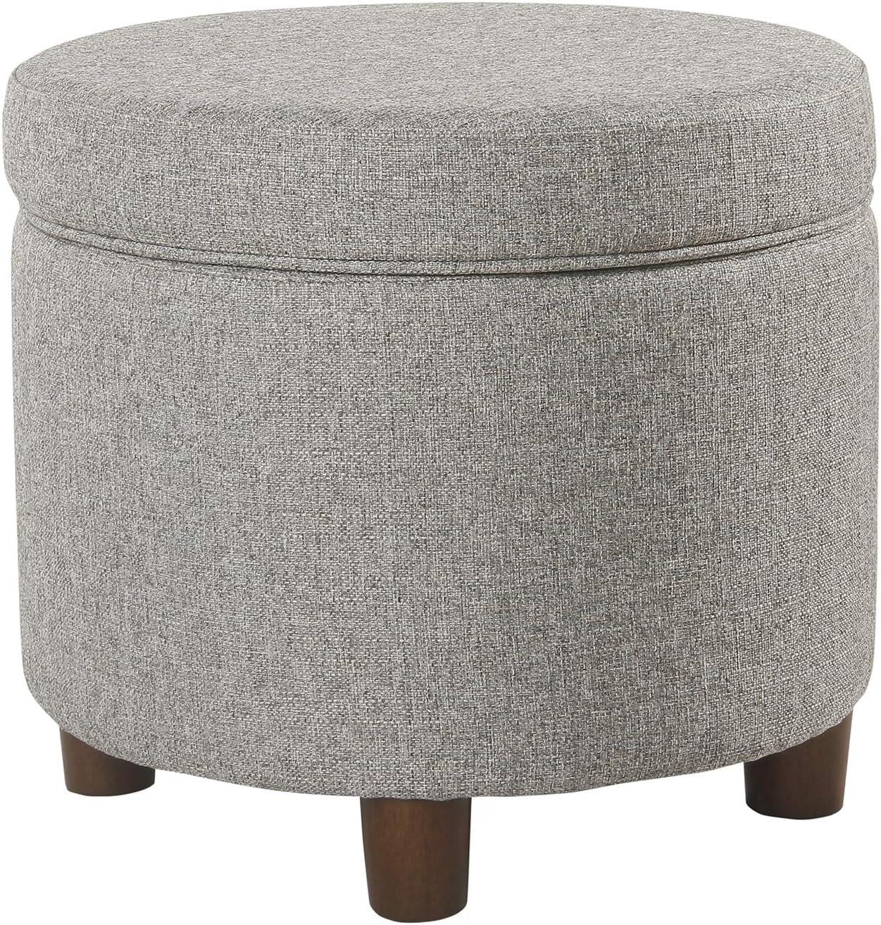 Mid-Century Modern Round Light Gray Tweed Storage Ottoman