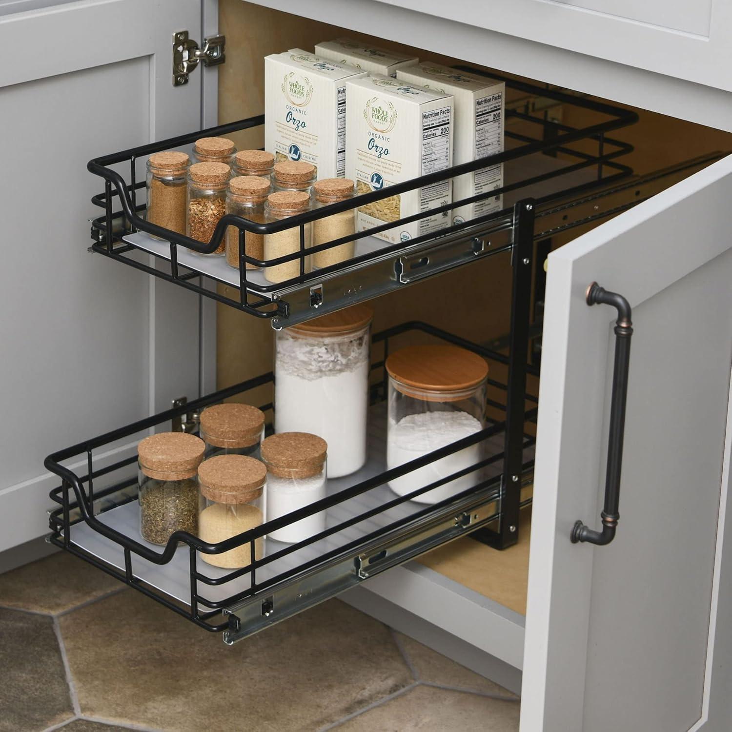 Glidez Multipurpose Paint-Finished Steel Pull-Out/Slide-Out Storage Organizer with Plastic Liners - 2-Tier Dual-Slide Design - Black