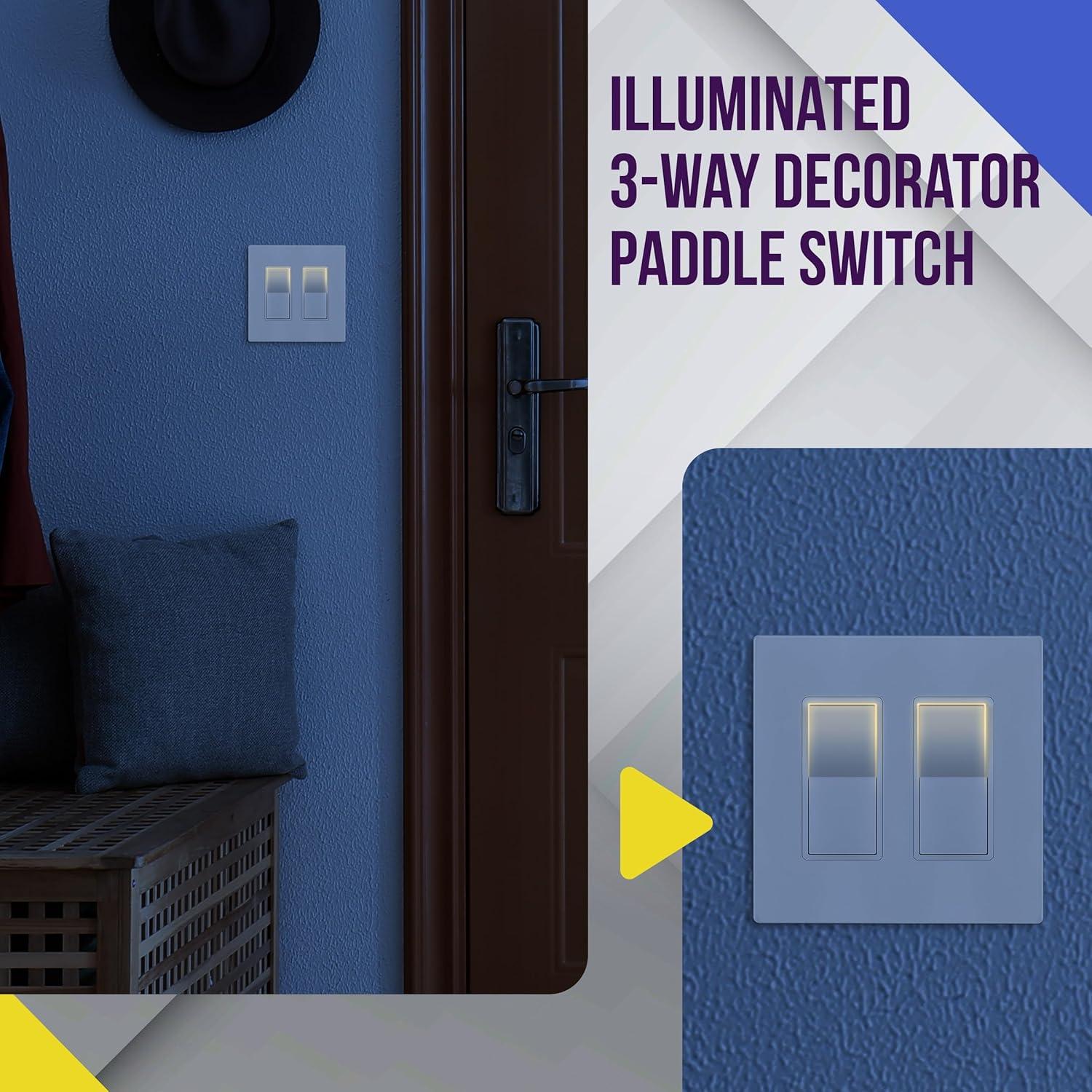 ENERLITES Illuminated 3-Way Decorator Paddle Light Switch, Three Way, Push-In and Side Wiring, Copper Wire Only, Grounding Screw, Residential Grade, 15A 120-277V, UL-Listed, 93160-W, White