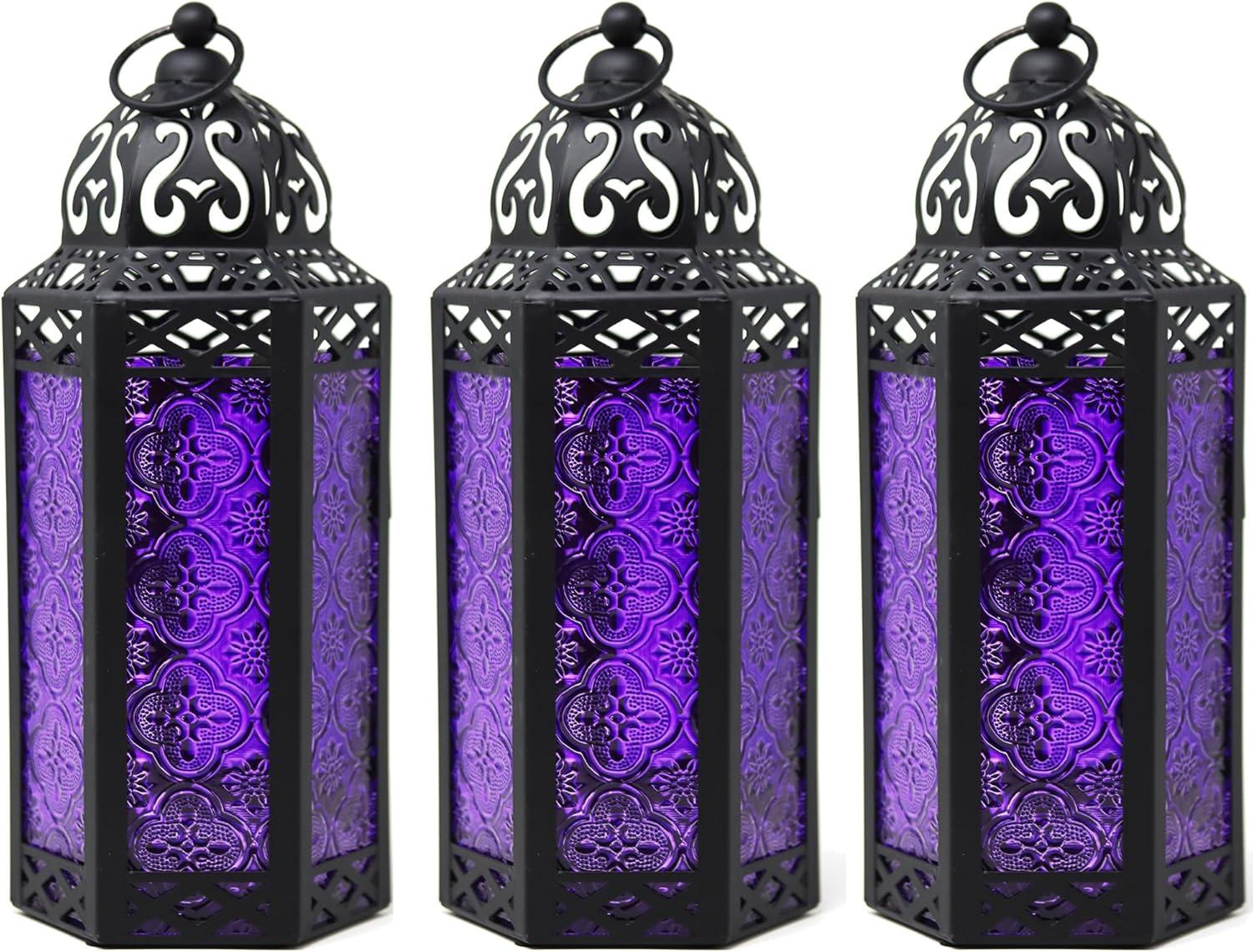 VELA LANTERNS 10.5" Purple Gothic Moroccan Candle Lantern Decorative Candle Holder Lamp for Table or Hanging, Ramadan Decorations, Indoor Home Room Halloween Decor, Outdoor Patio or Porch, Medium