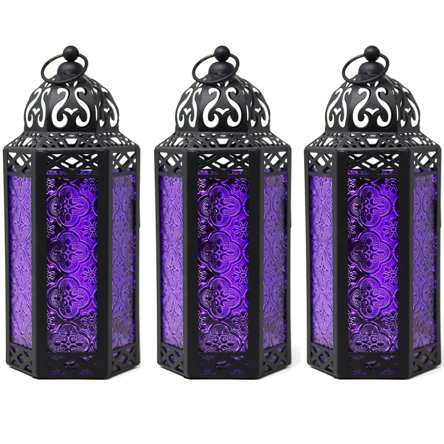 VELA LANTERNS 10.5" Purple Gothic Moroccan Candle Lantern Decorative Candle Holder Lamp for Table or Hanging, Ramadan Decorations, Indoor Home Room Halloween Decor, Outdoor Patio or Porch, Medium