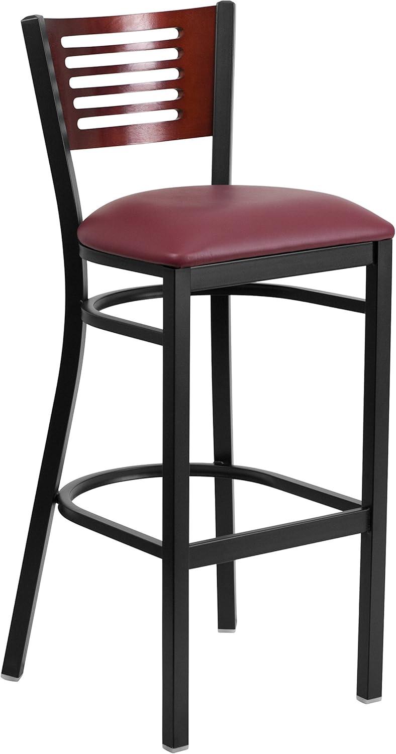 Elegant Mahogany and Burgundy Vinyl Barstool with Black Metal Frame