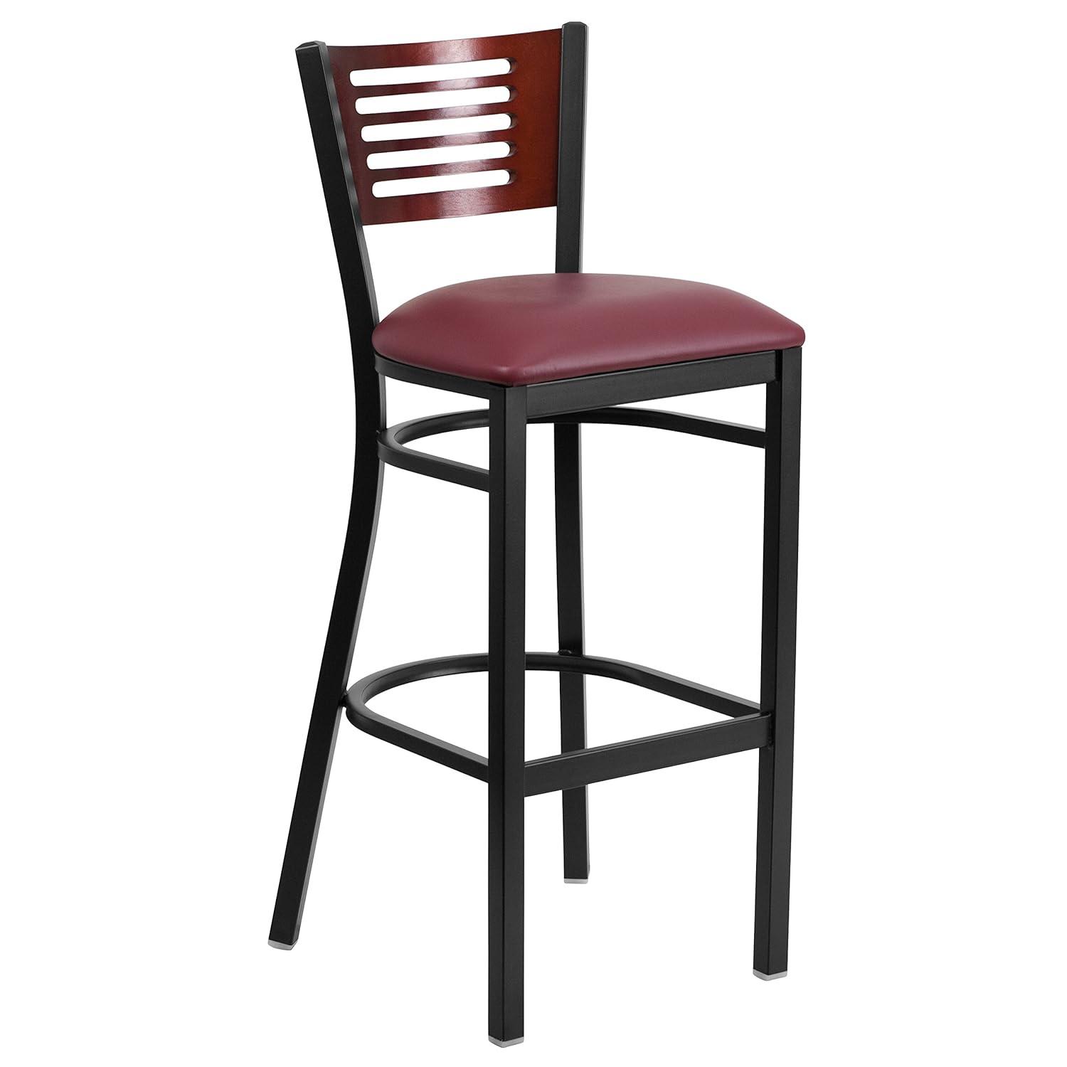 Flash Furniture HERCULES Series Black Slat Back Metal Restaurant Barstool - Mahogany Wood Back, Burgundy Vinyl Seat