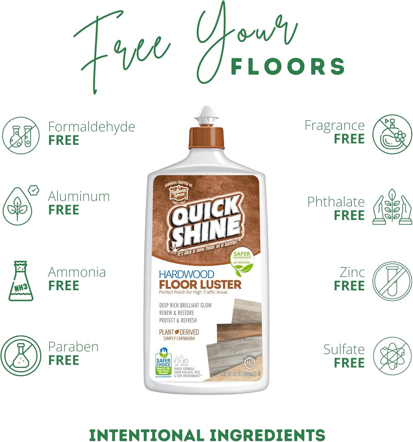 Quick Shine Hardwood Floor Luster, Pfas-Free Formula Floor Polish with Plant-Derived Carnauba 27oz