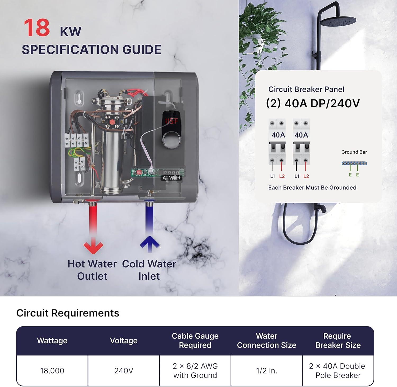 Atmor 18kW Gray Electric Tankless Water Heater with Digital Display