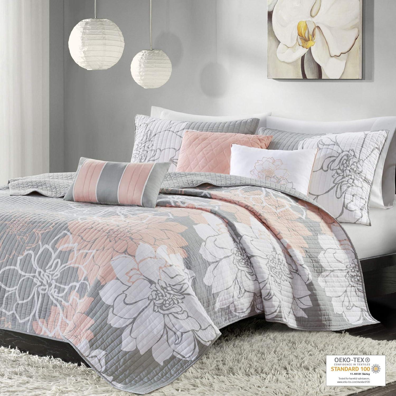 King Gray Floral Reversible Cotton Quilt Set