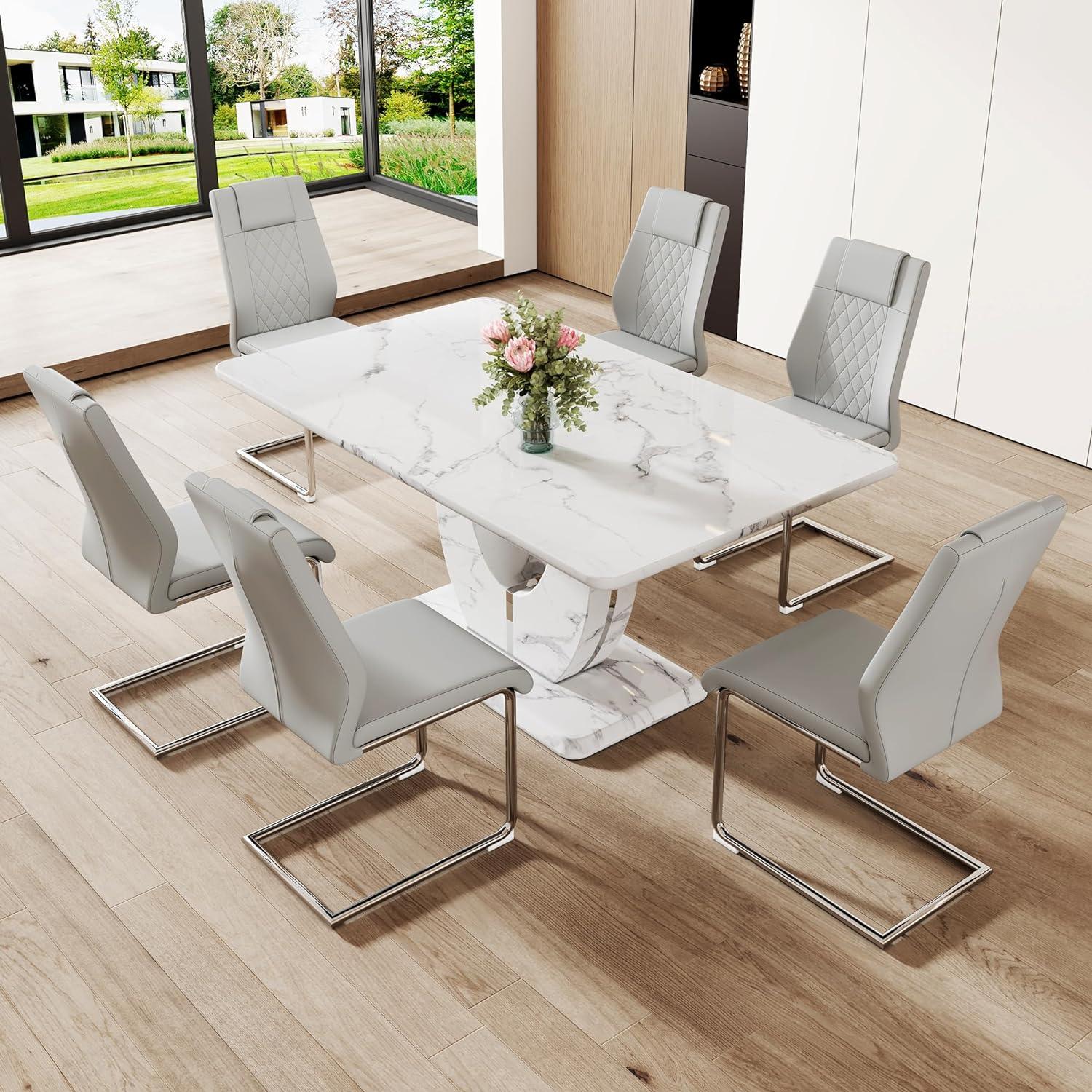 Modern White Faux Marble Dining Table Set with 6 Gray PU Leather Chairs