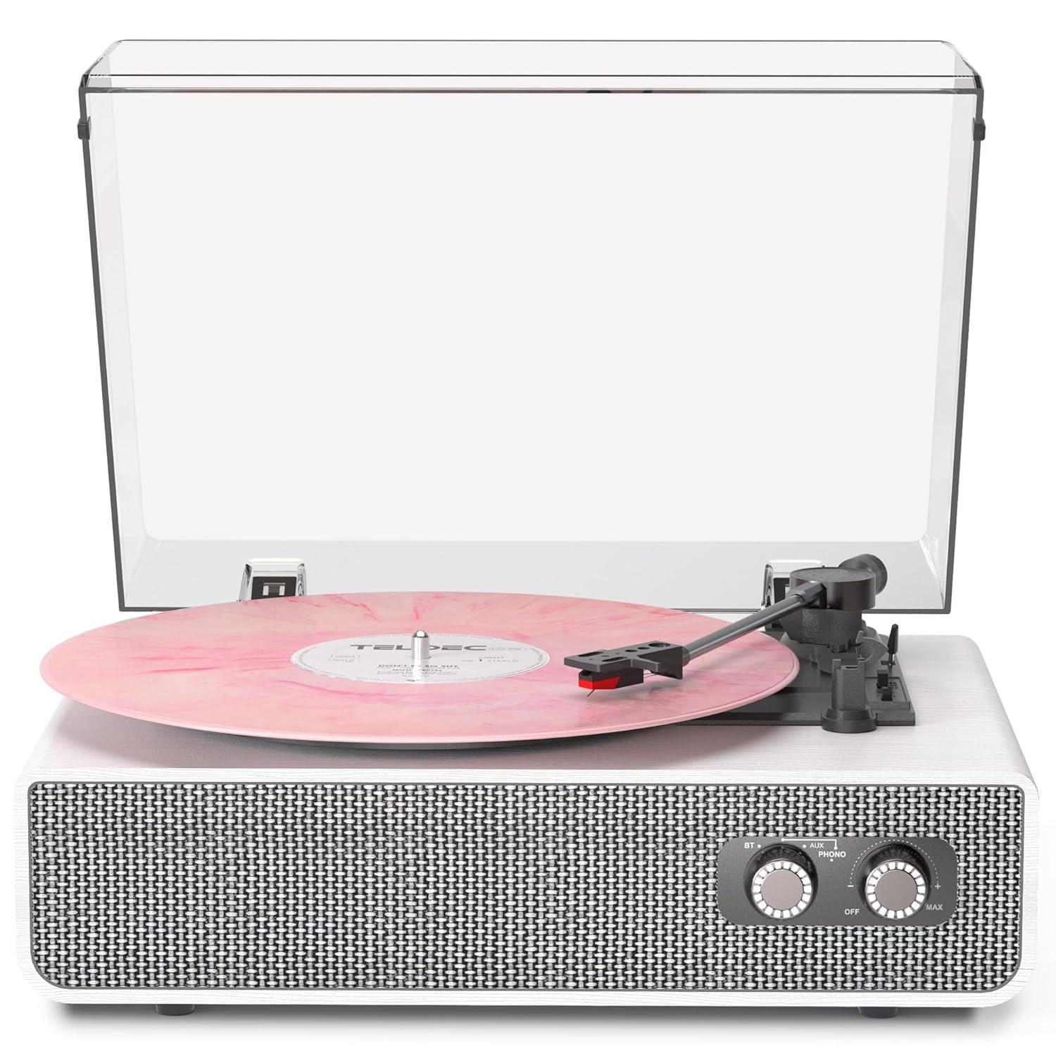 Vinyl Record Player with Upgraded Built-in Speakers, 3-Speed Belt-Driven Bluetooth Turntable for Vinyl Records, White Wood Grain Vintage Phonograph with RCA Out & AUX in, Auto Stop, MDF Cabinet