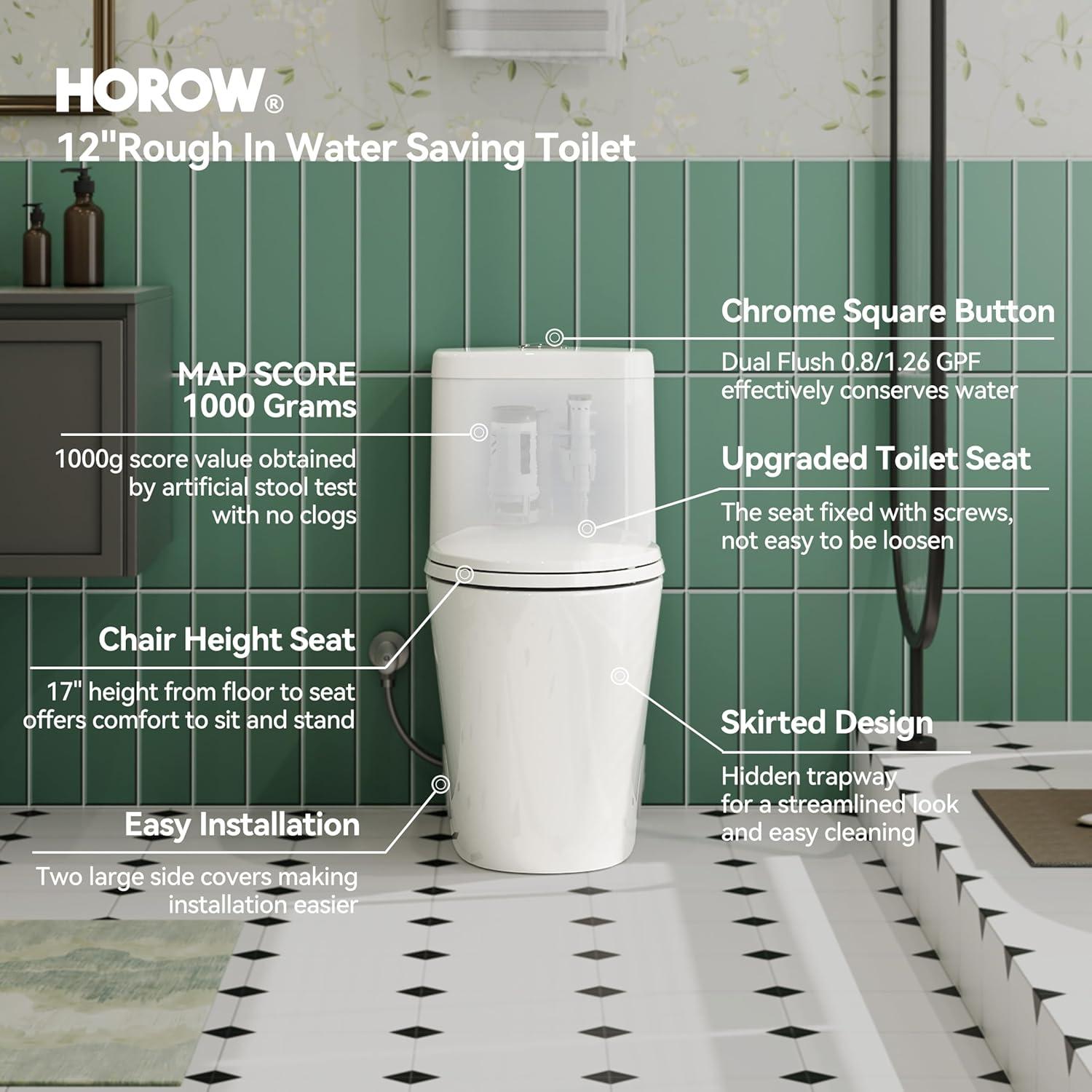 Elongated One-Piece Toilet, 17" ADA Comfortable Chair Seat Height, 0.8/1.26 GPF Dual Flush Toilet with Square Button, MAP 1000g, White Toilet Bowl