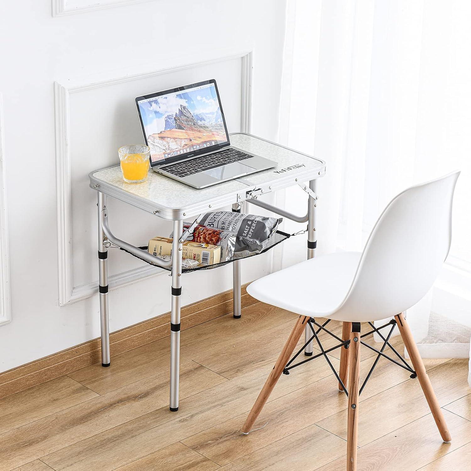 Small Folding Table with Mesh Layer, 3 Adjustable Heights Aluminum Lightweight Portable Folding Table with Extension Legs, Camping Table for RV, Picnic and Indoor