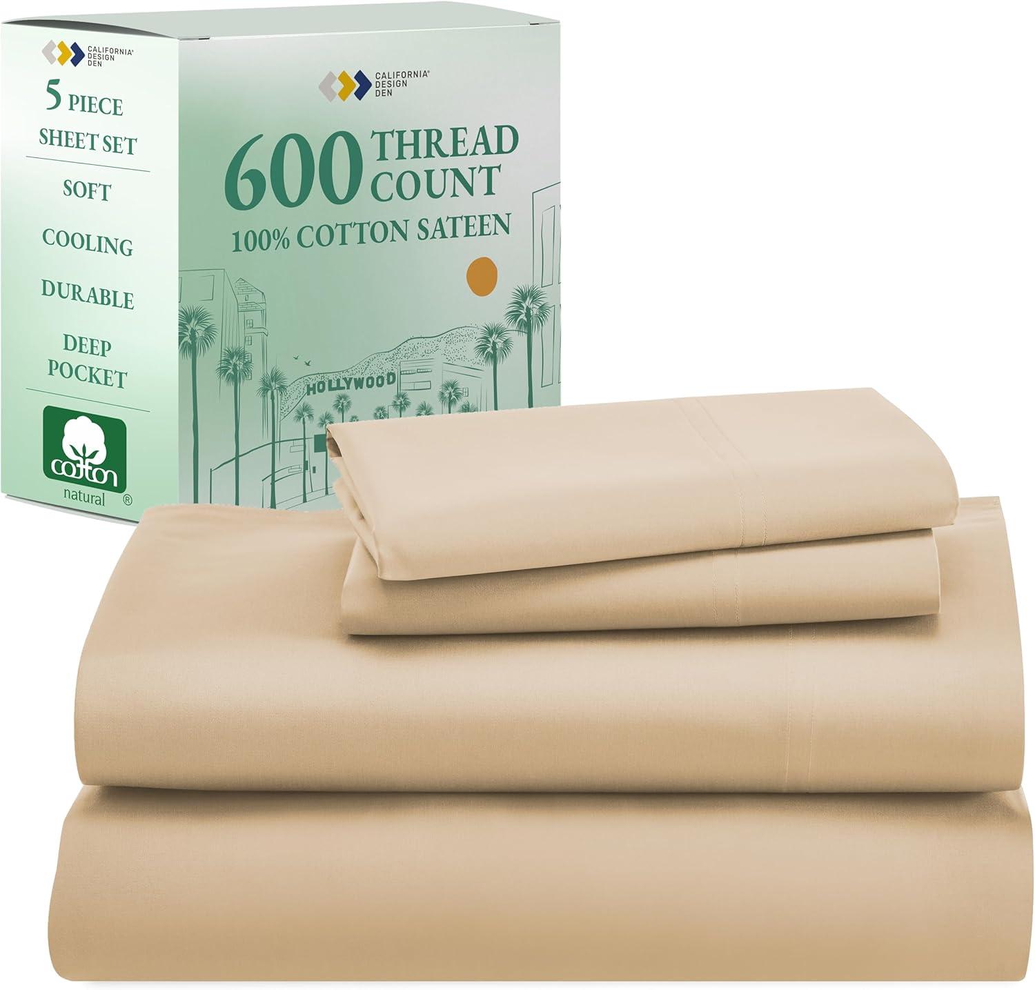 Tan-Beige Organic Cotton Split King Sheet Set with Deep Pockets