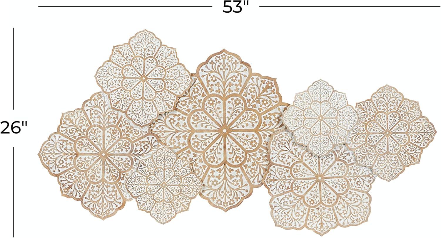 White and Natural Wood Intricately Carved Floral Wall Decor