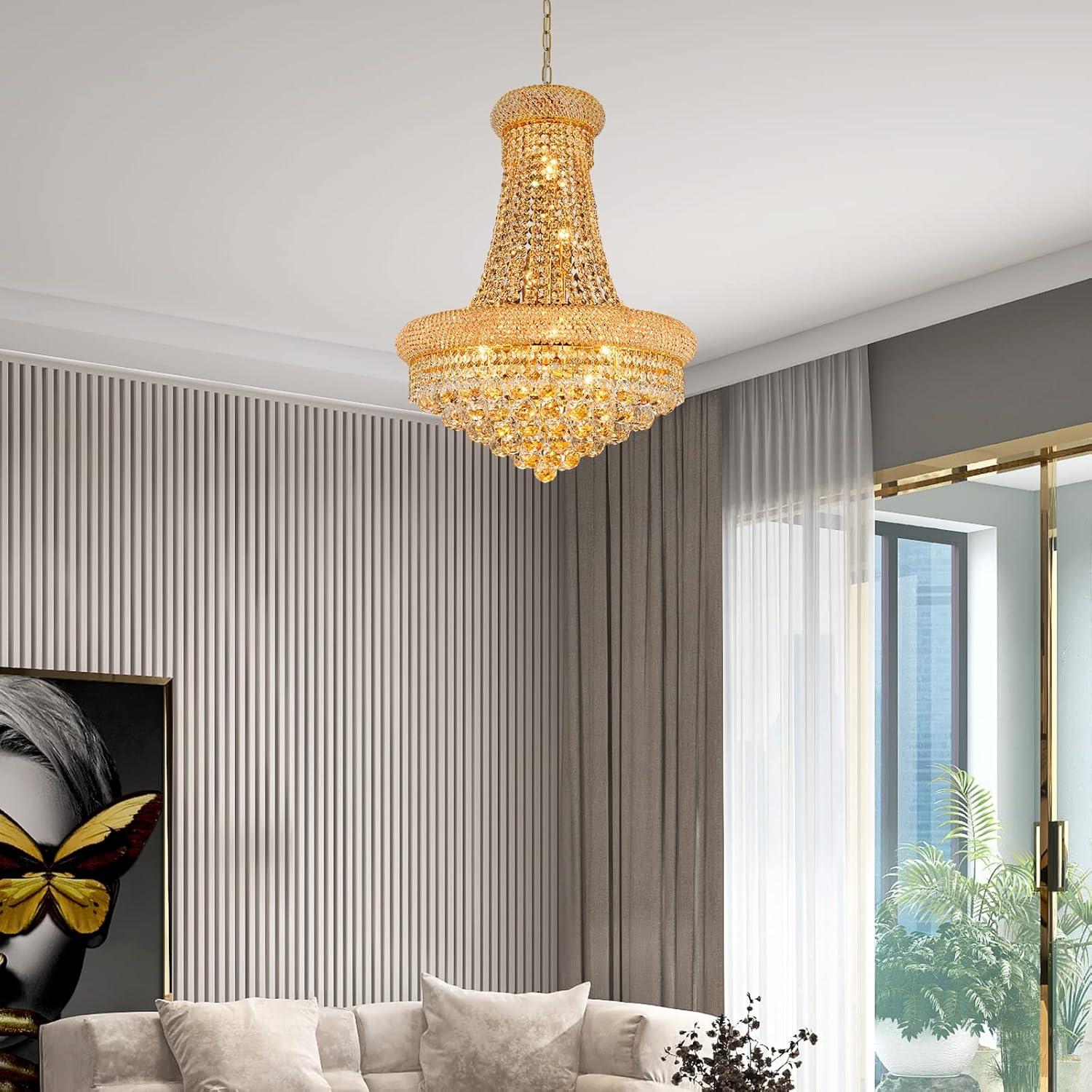 12 Lights Gold Finish Empire Crystal Chandelier Lighting for Dining Room Living Room Foyer Hallway Bedroom Entryway (Dia 22'')