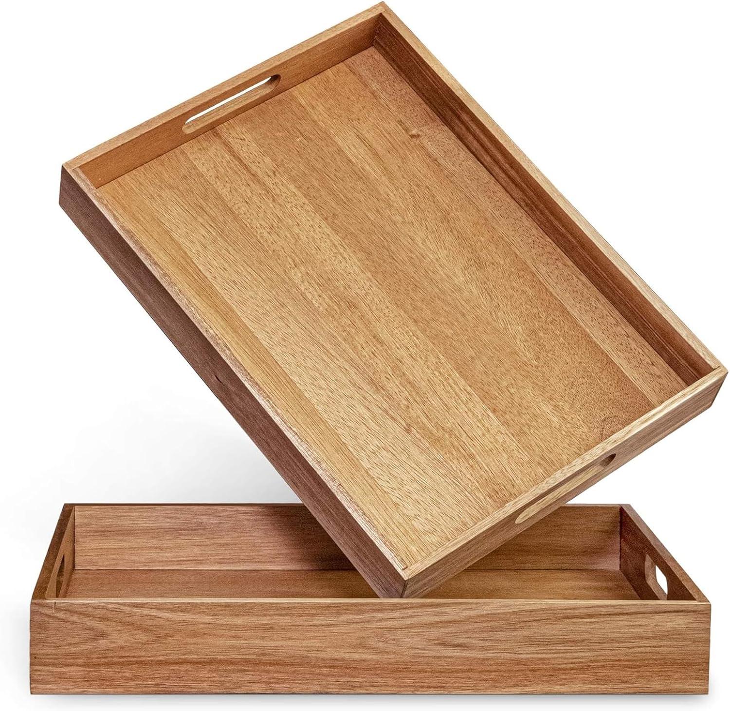 Acacia Wood Rectangular Serving Trays with Handles, Set of 2