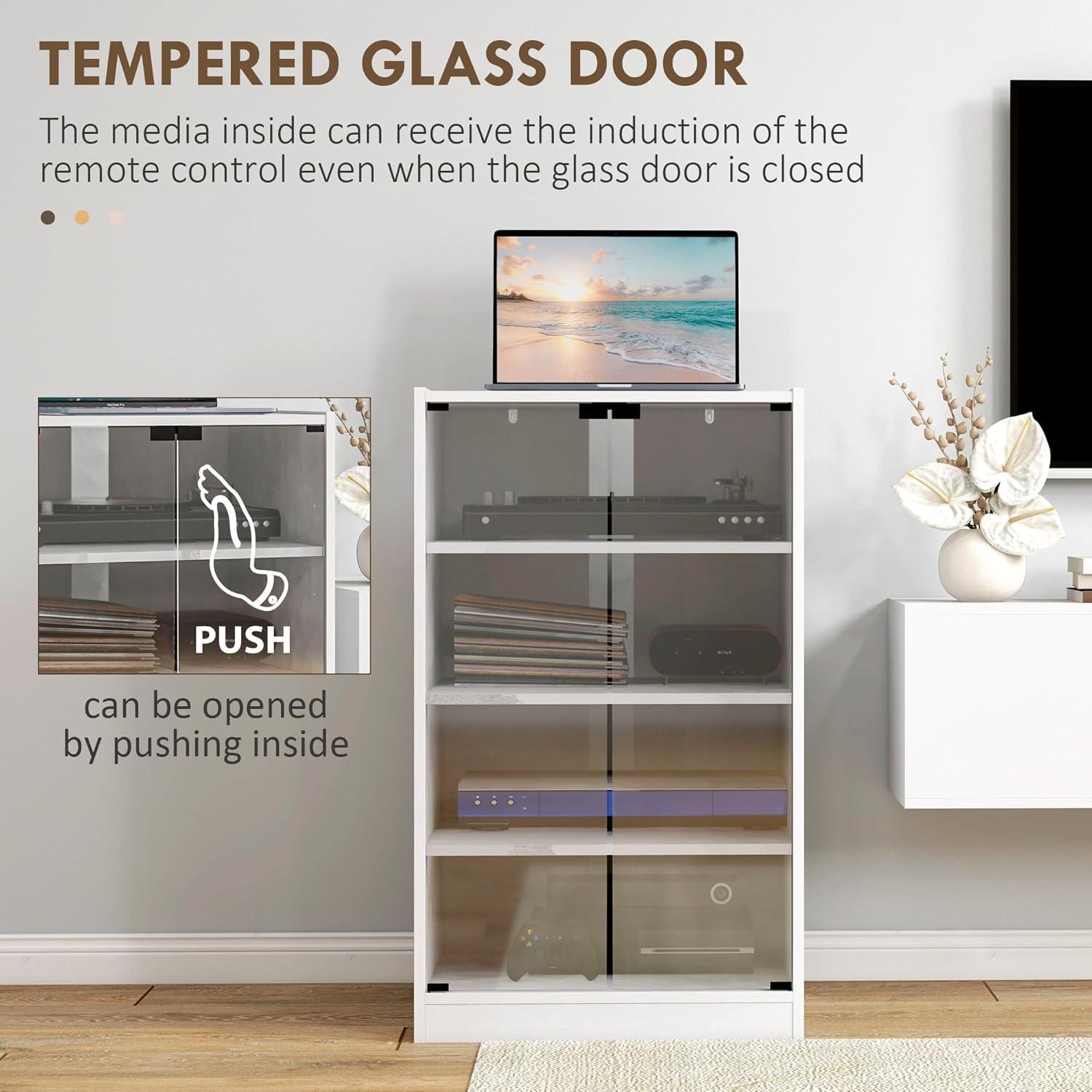 HOMCOM Media Cabinet, 4-Tier Stereo Cabinet, Record Player Stand with Vinyl Record Storage, Adjustable Shelves, Tempered Glass Doors and Cable Management, Distressed White