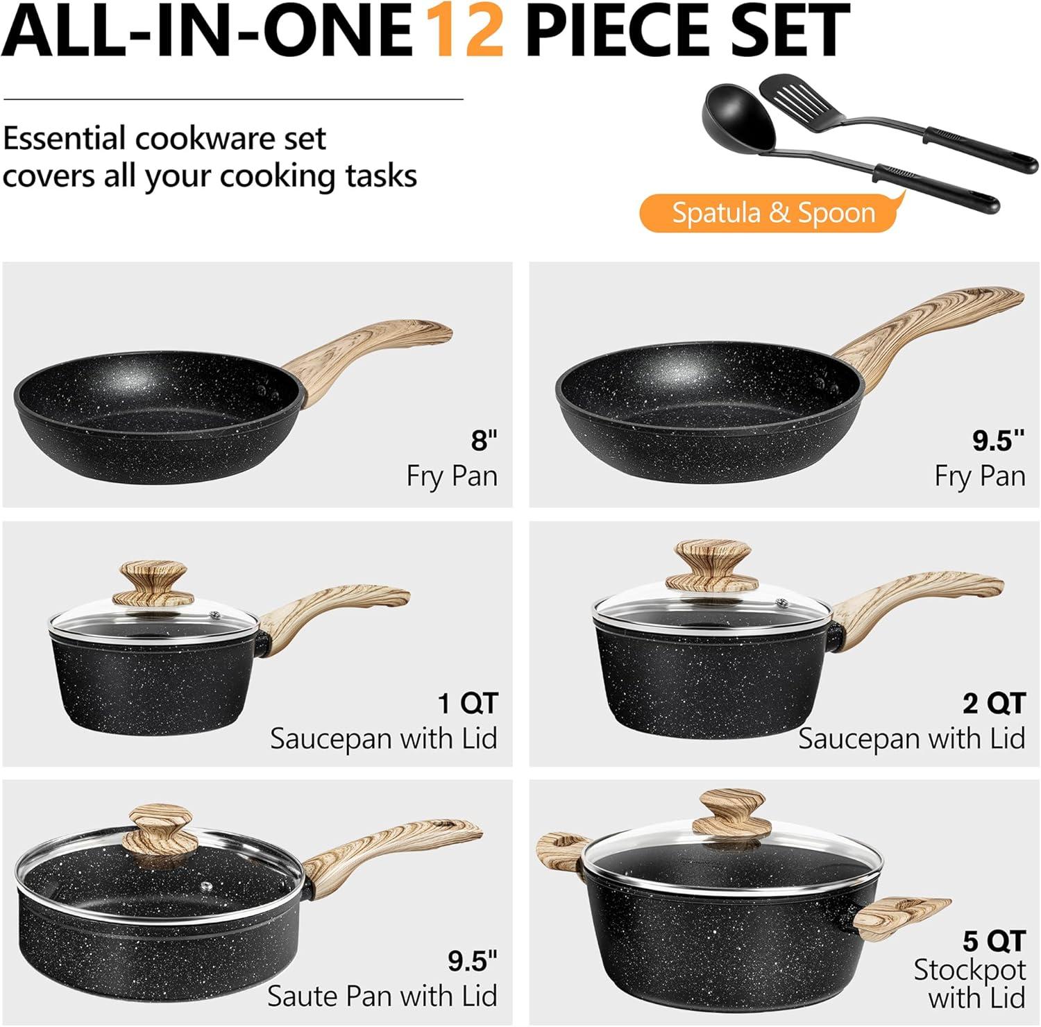 12-Piece Black Granite Non-Stick Aluminum Cookware Set