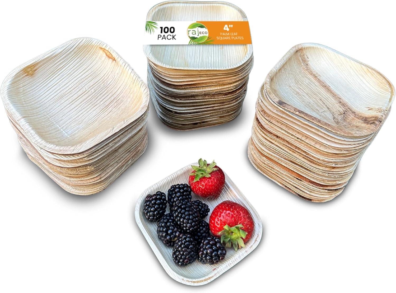 Eco-Friendly Square Bamboo Compostable Plates, 4-Inch, 100-Pack