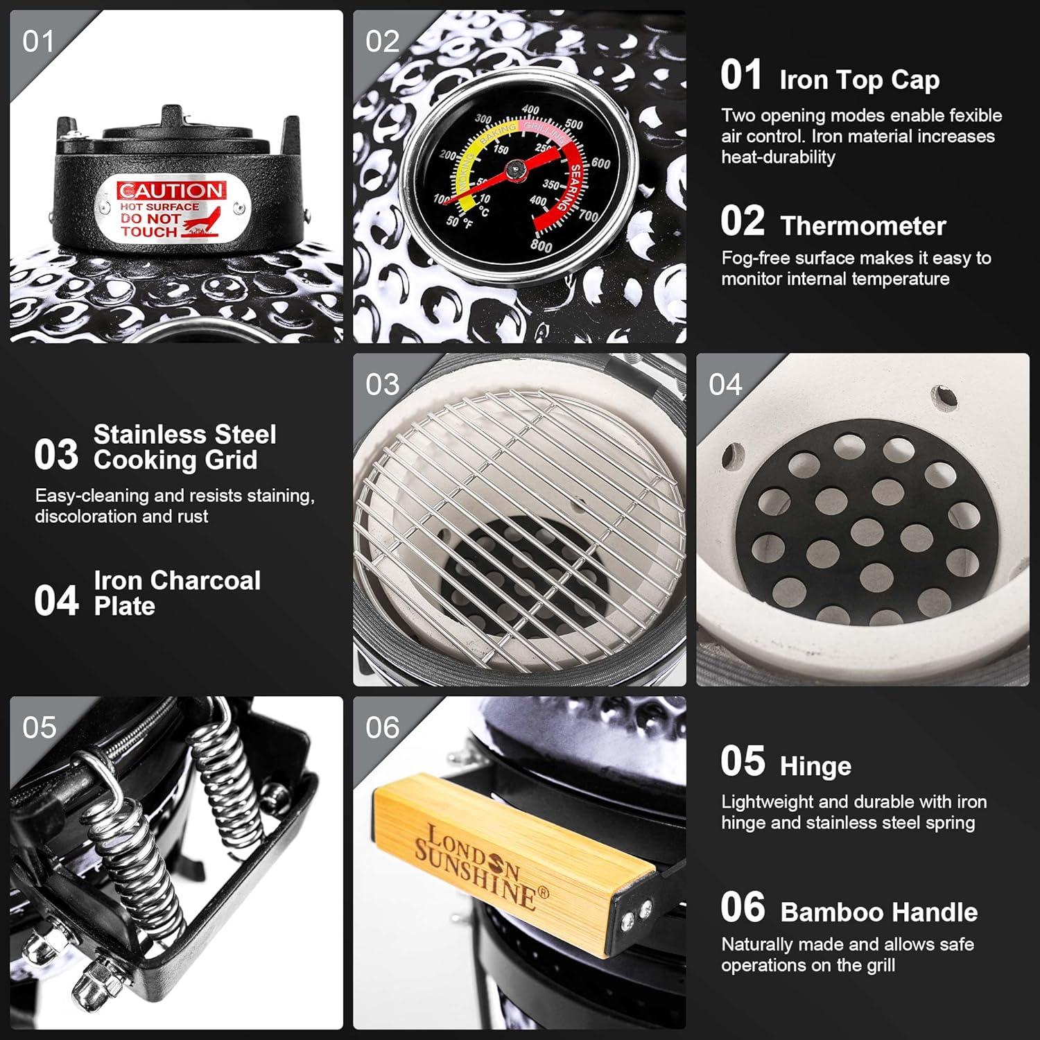 Ceramic BBQ Charcoal Kamado Grill 13 inch Portable Tabletop BBQ Grill with Stainless Steel Grates Black, Black