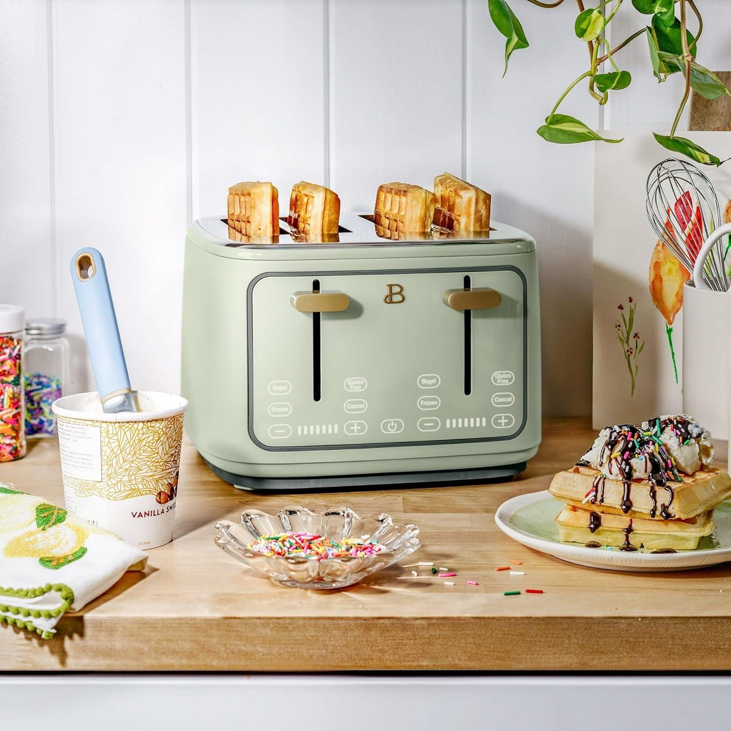 Beautiful 4-Slice Toaster with Touch-Activated Display, Sage Green by Drew Barrymore