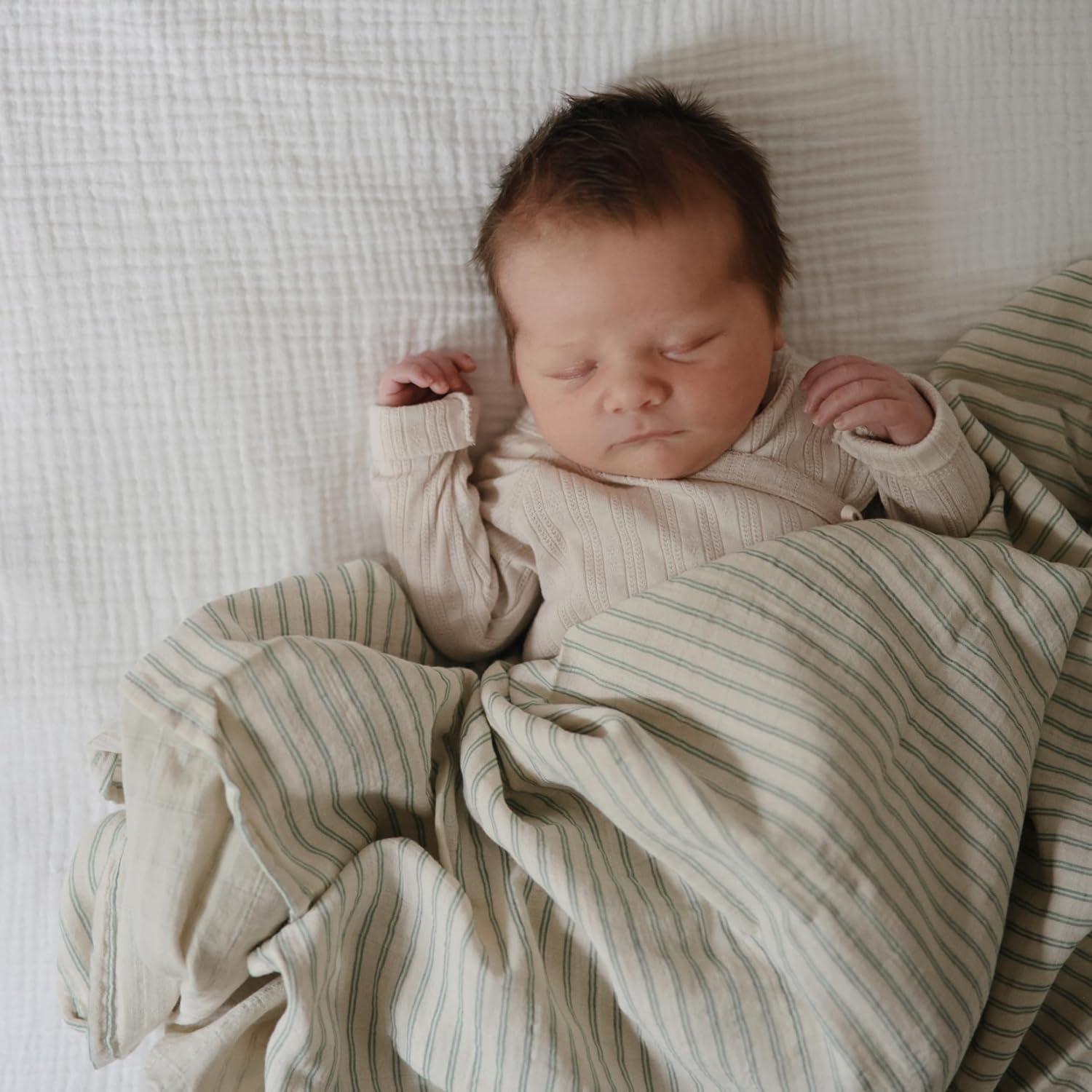 Sage Stripe Organic Cotton Muslin Baby Swaddle Blanket