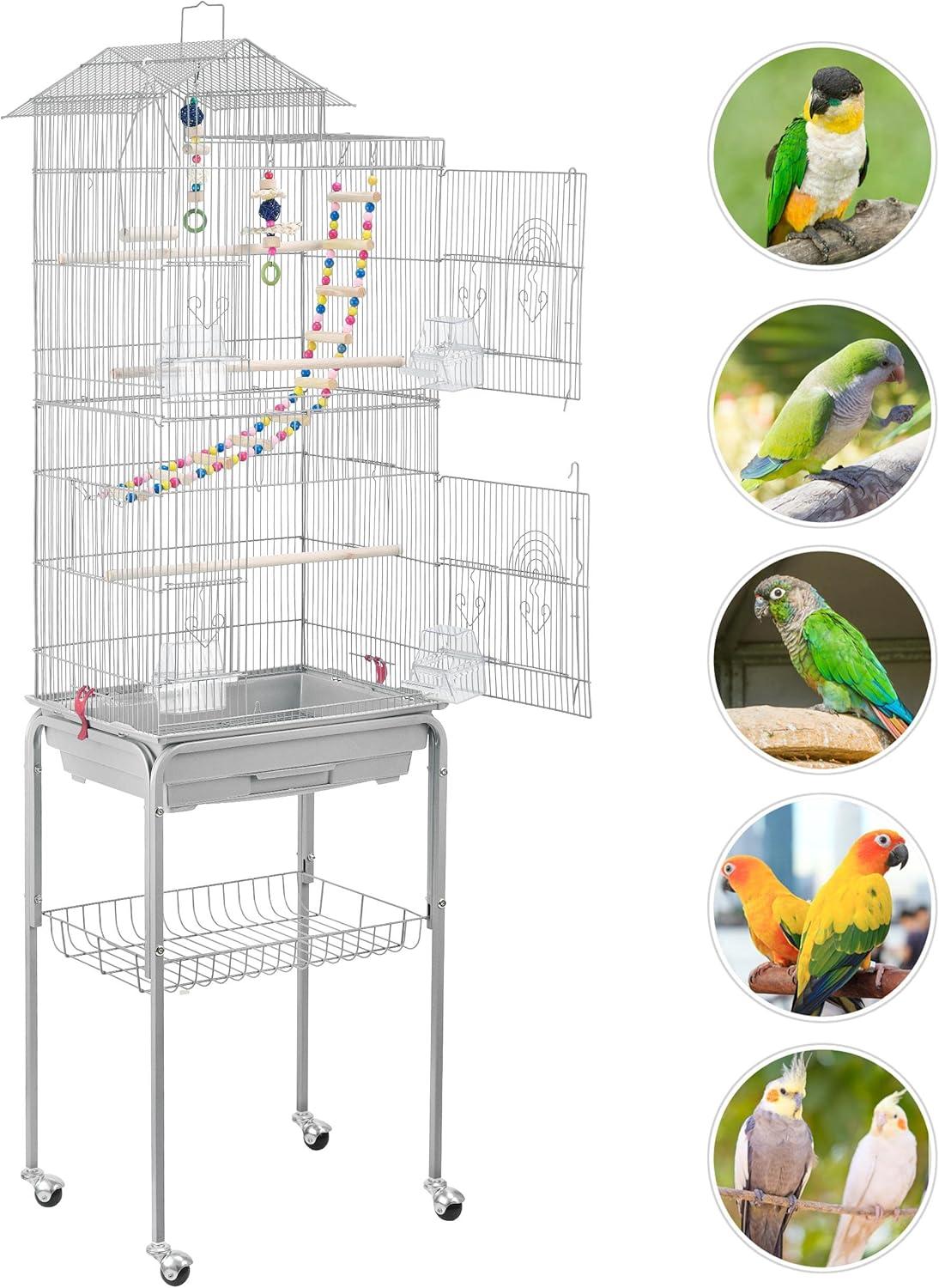 Yaheetech Roof Top Birdcage Parrot Cage with Detachable Rolling Stand Wrought Iron