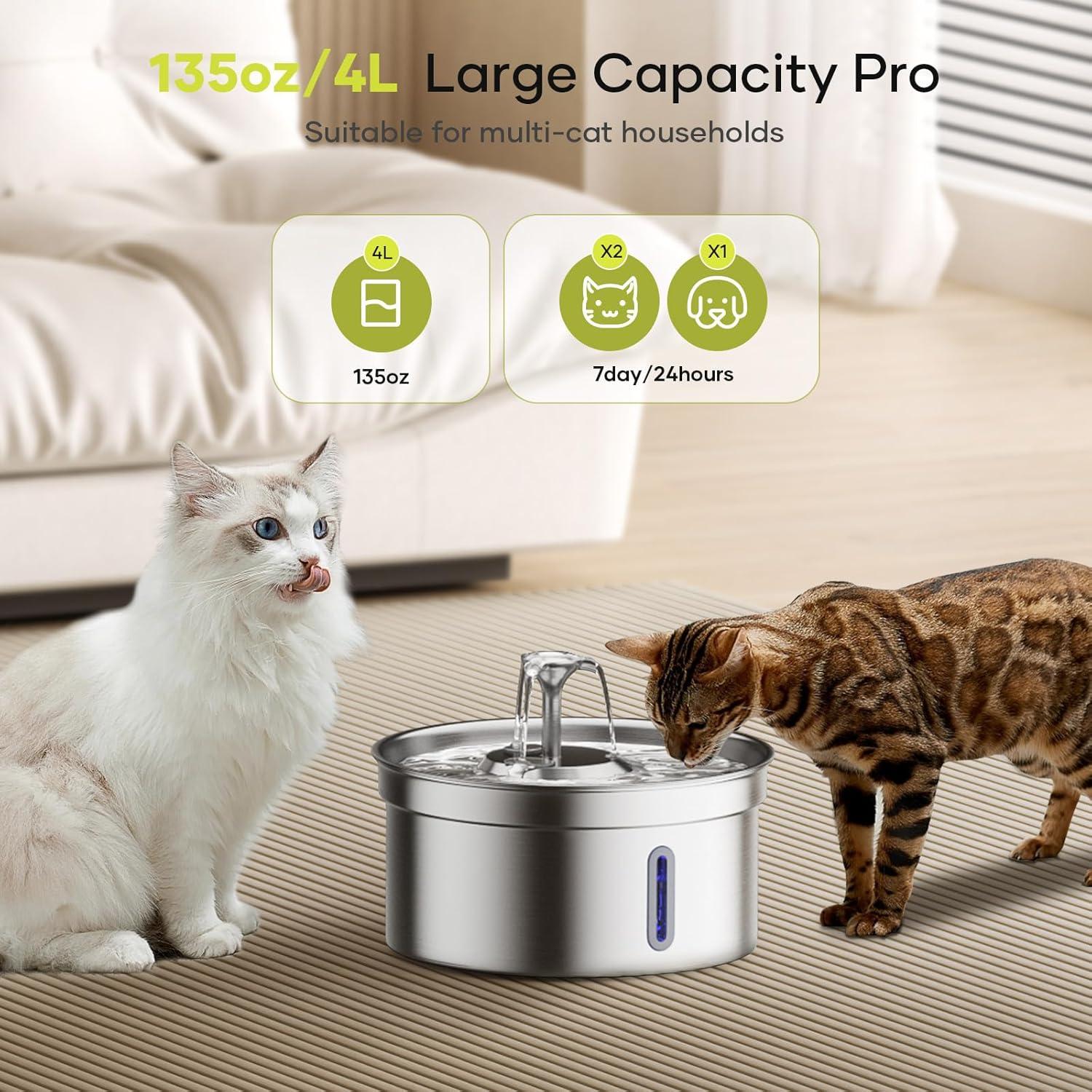 Cat Water Fountain Stainless Steel 4L/132oz,Large Capacity Pet Water Fountain for Cats Inside, Automatic Dog Water Dispenser with Quiet Pump, Suitable for Multi-pet Households C49